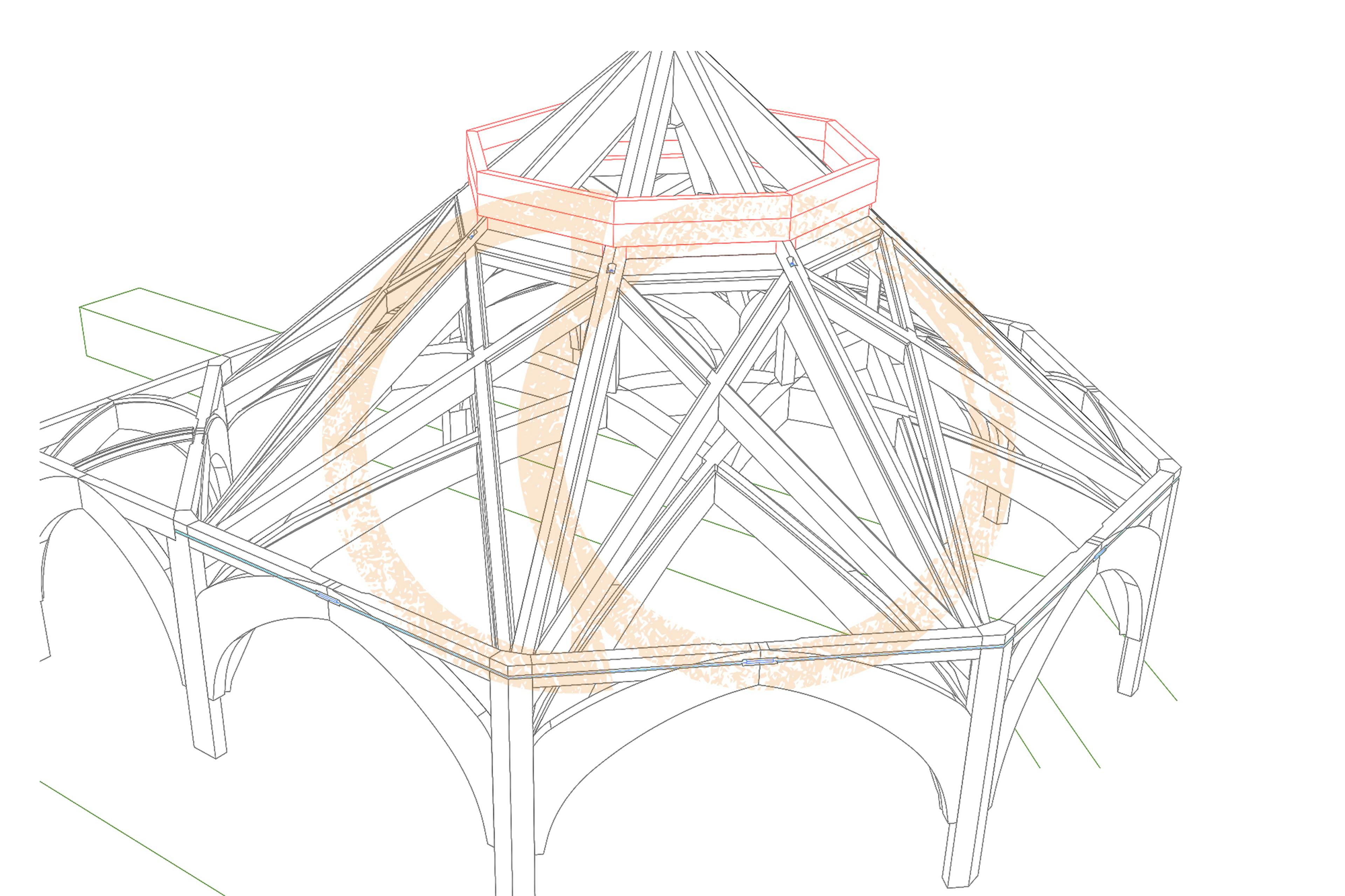 A computer frame drawing of the octagonal roof structure at Radley College chapel extension