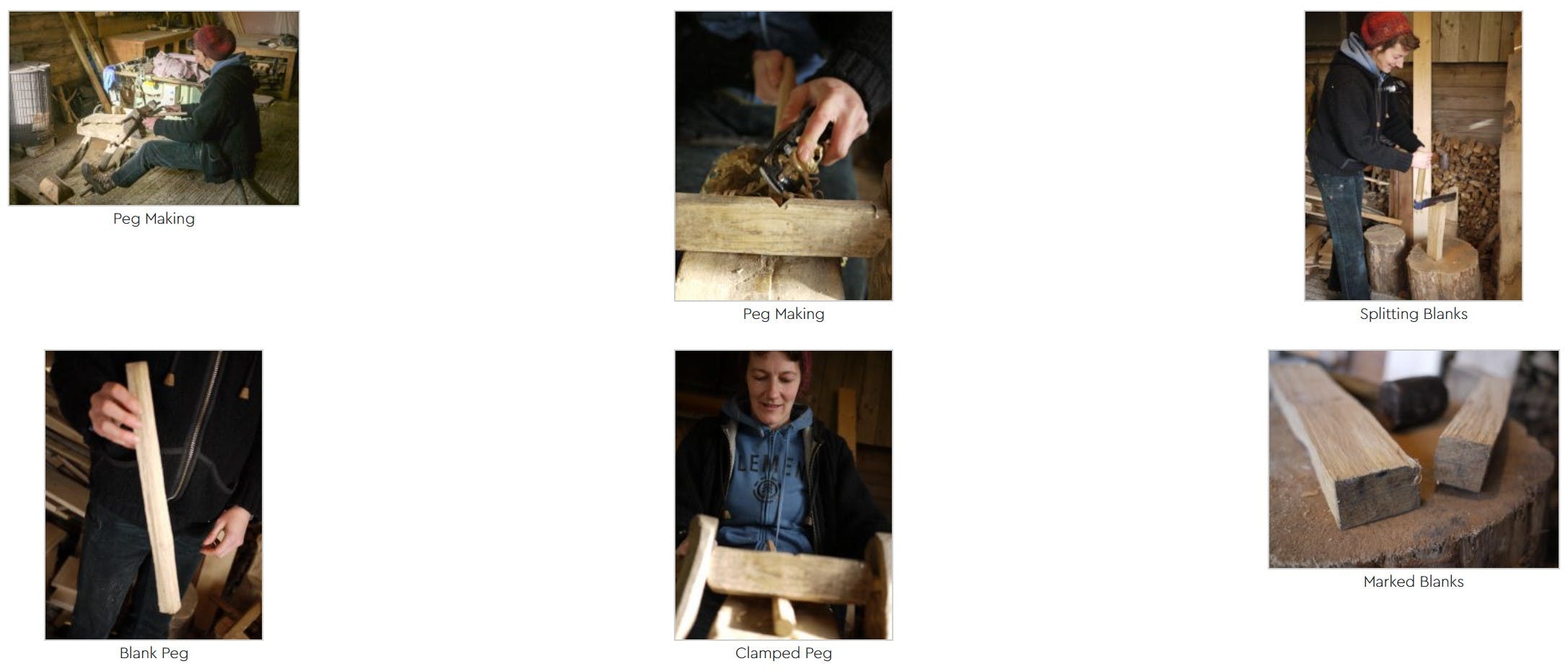 Images showing someone hand crafting wooden pegs for structural frames
