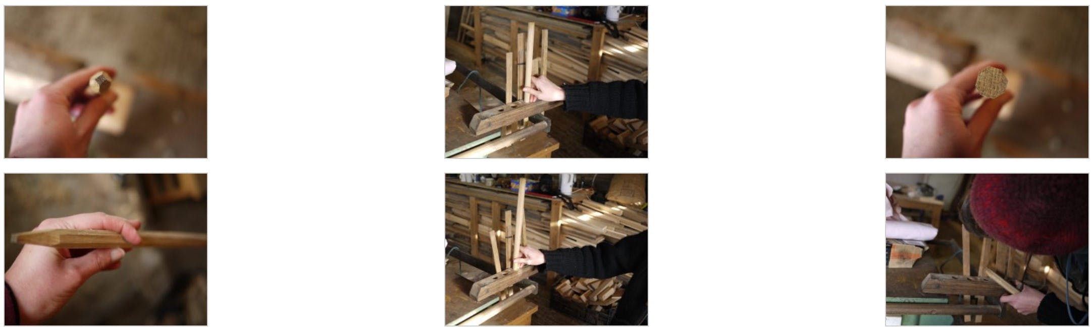 Images showing someone hand crafting wooden pegs for structural frames