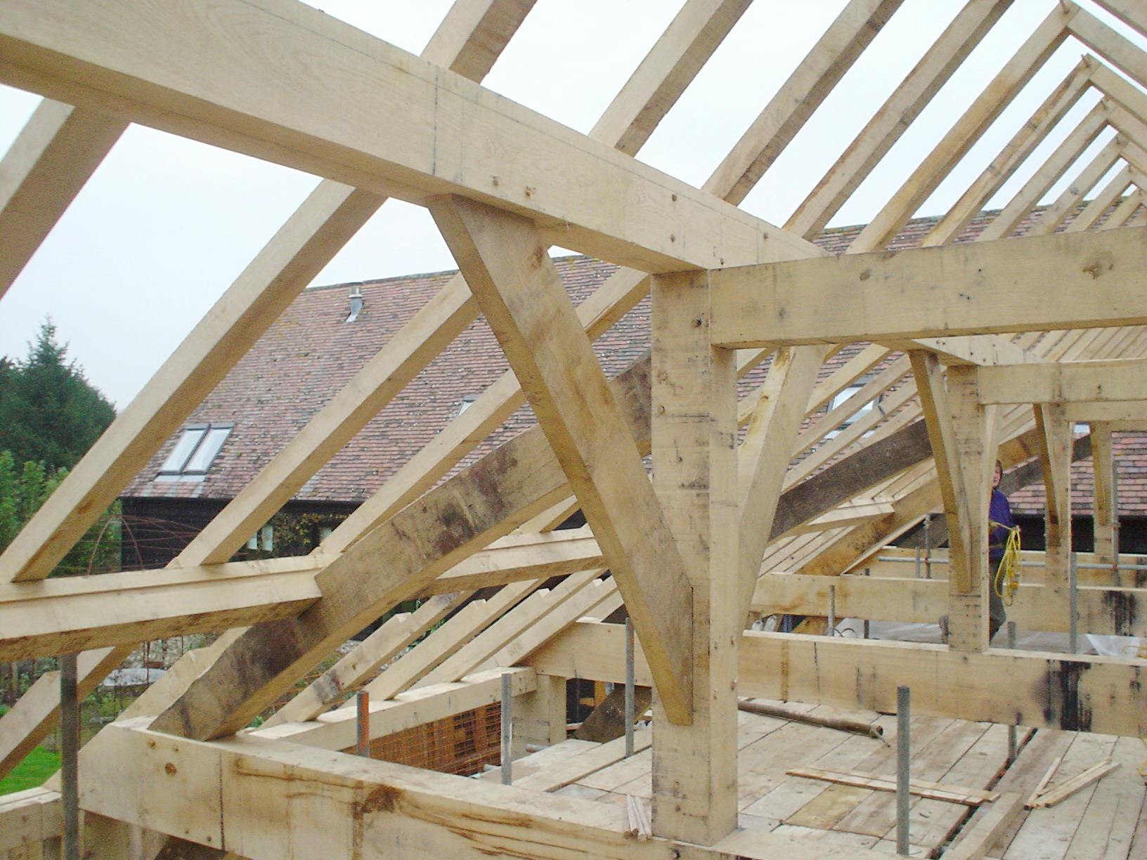Eastbury oak frame extension interrupted tie beam under construction