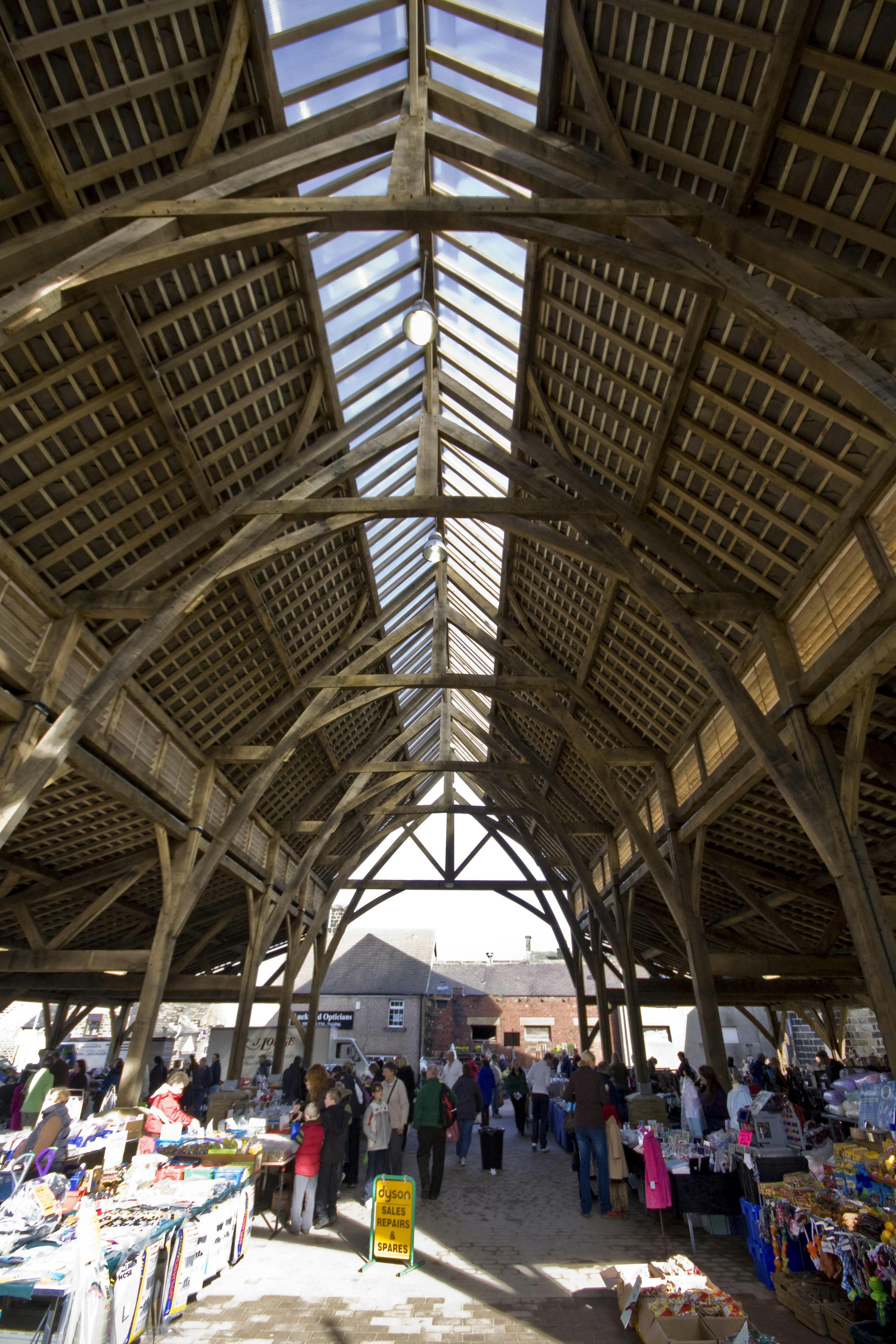 Internal view of a green oak frame structure at Penistone Market