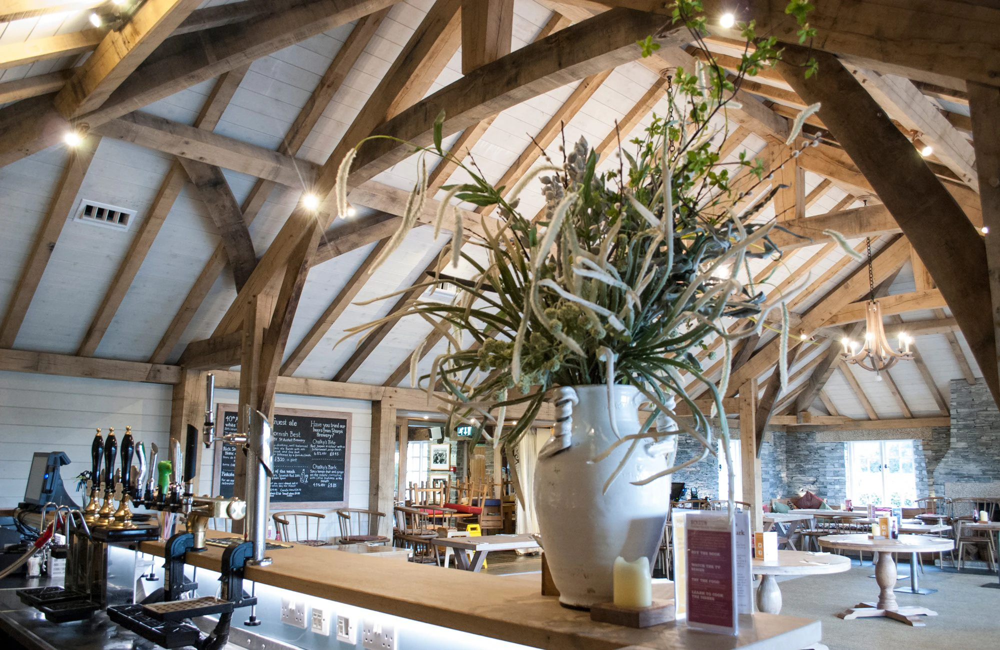 Structural oak frame inside Rick Stein's Cornish Arms pub