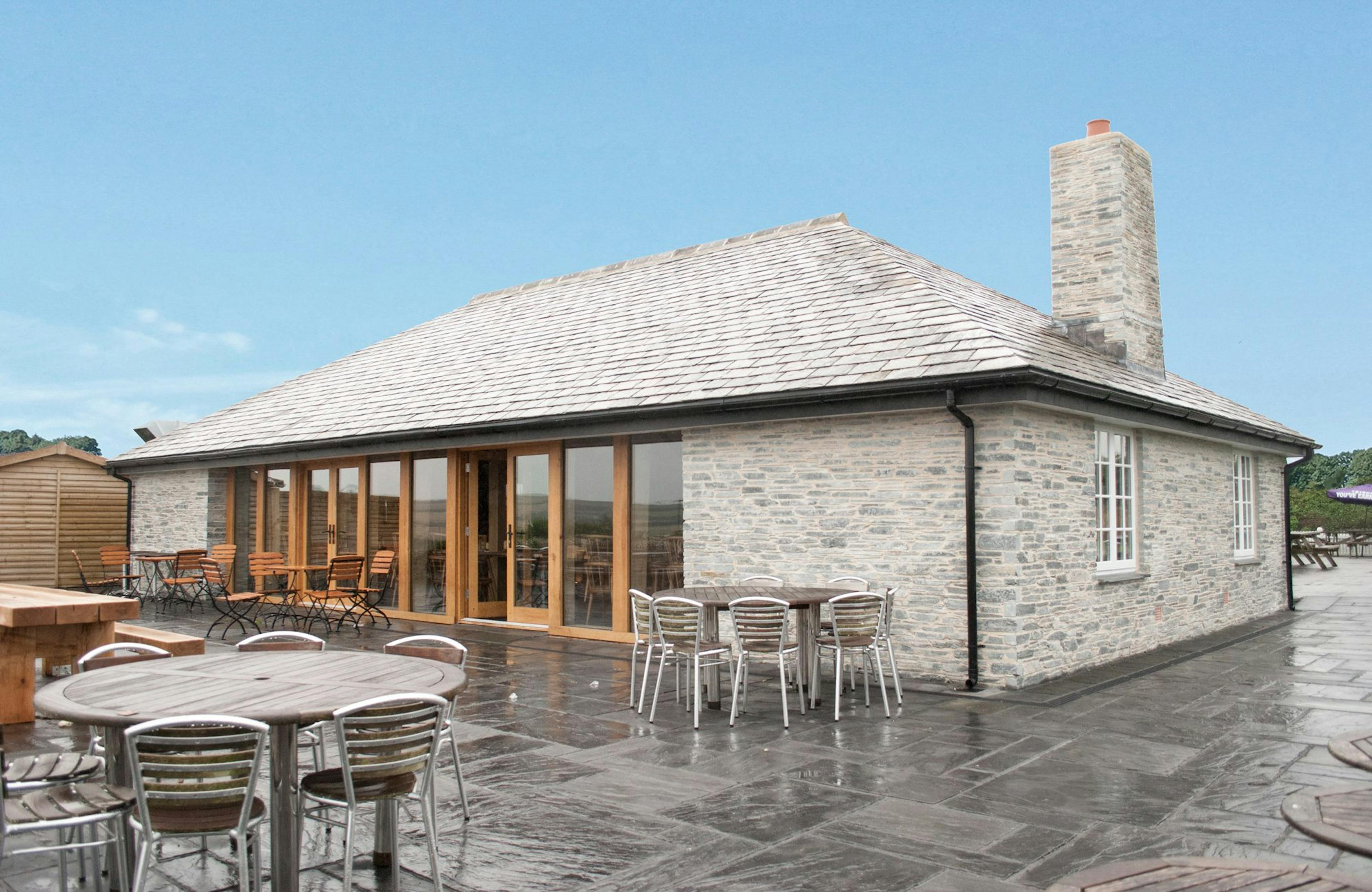External view of Rick Stein's Cornish Arms pub, featuring a structural oak frame