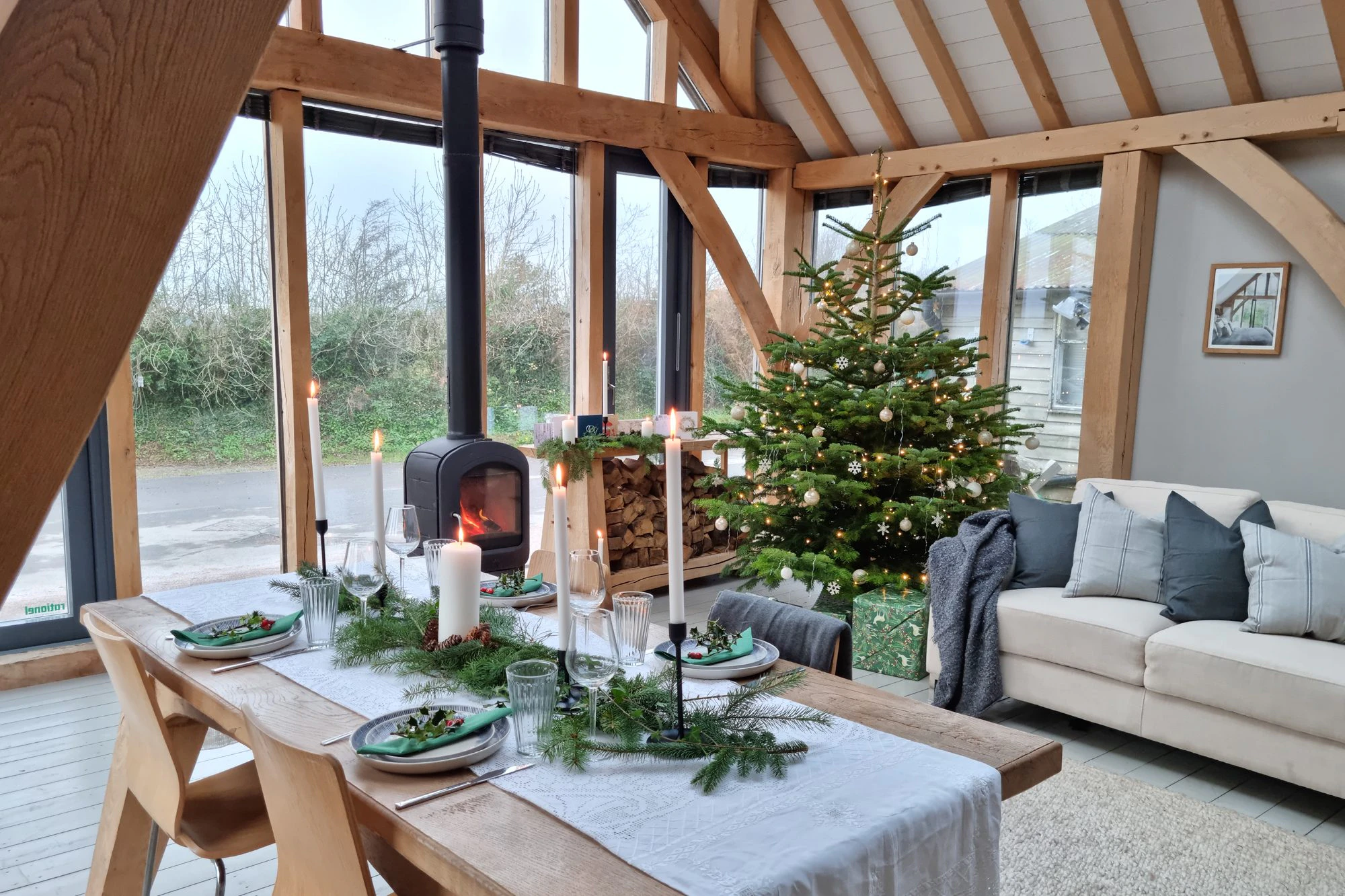 Carpenter Oak Show Barn with Glazed Gable End Decorated for Christmas