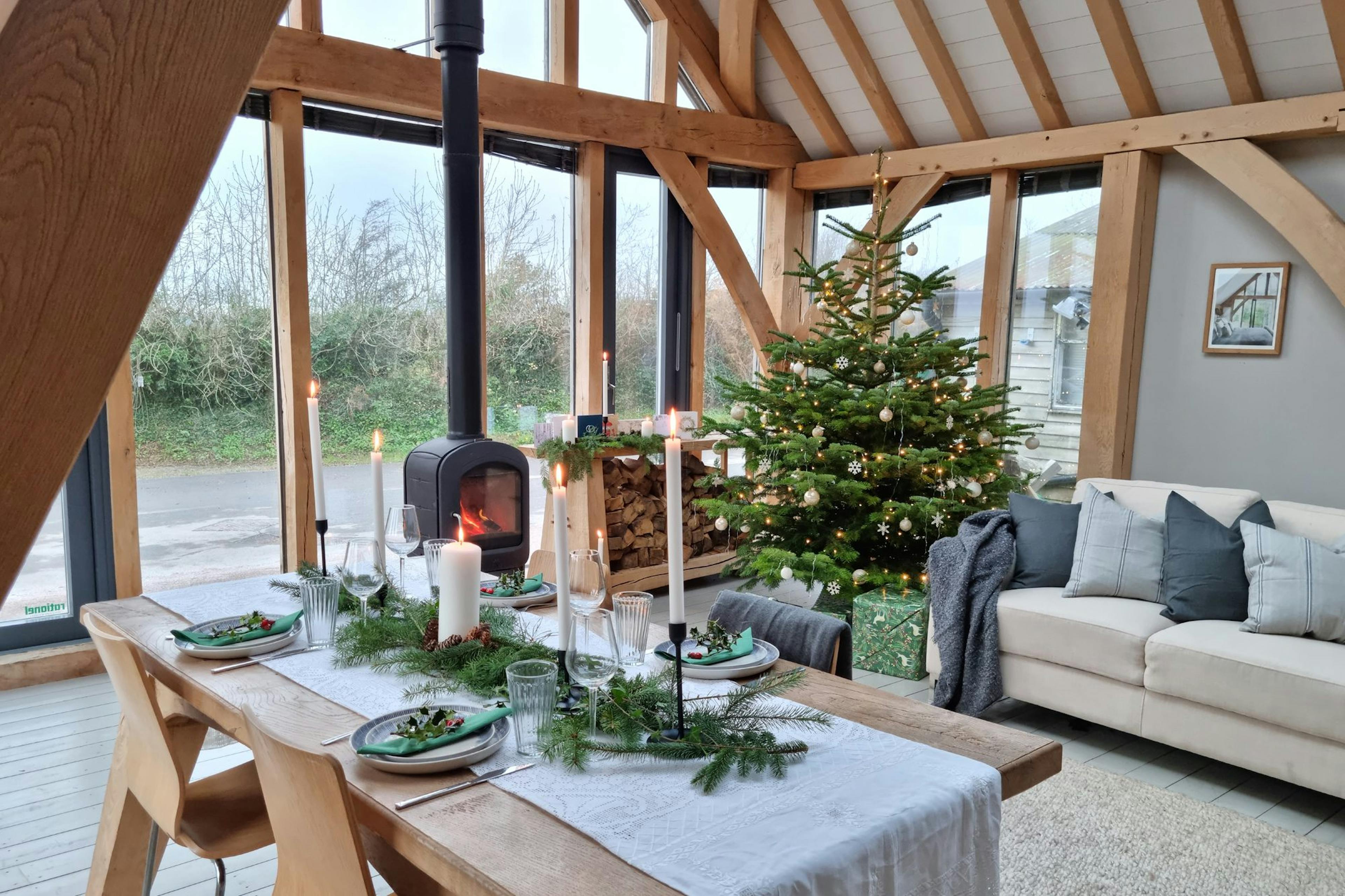 Carpenter Oak Show Barn with Glazed Gable End Decorated for Christmas