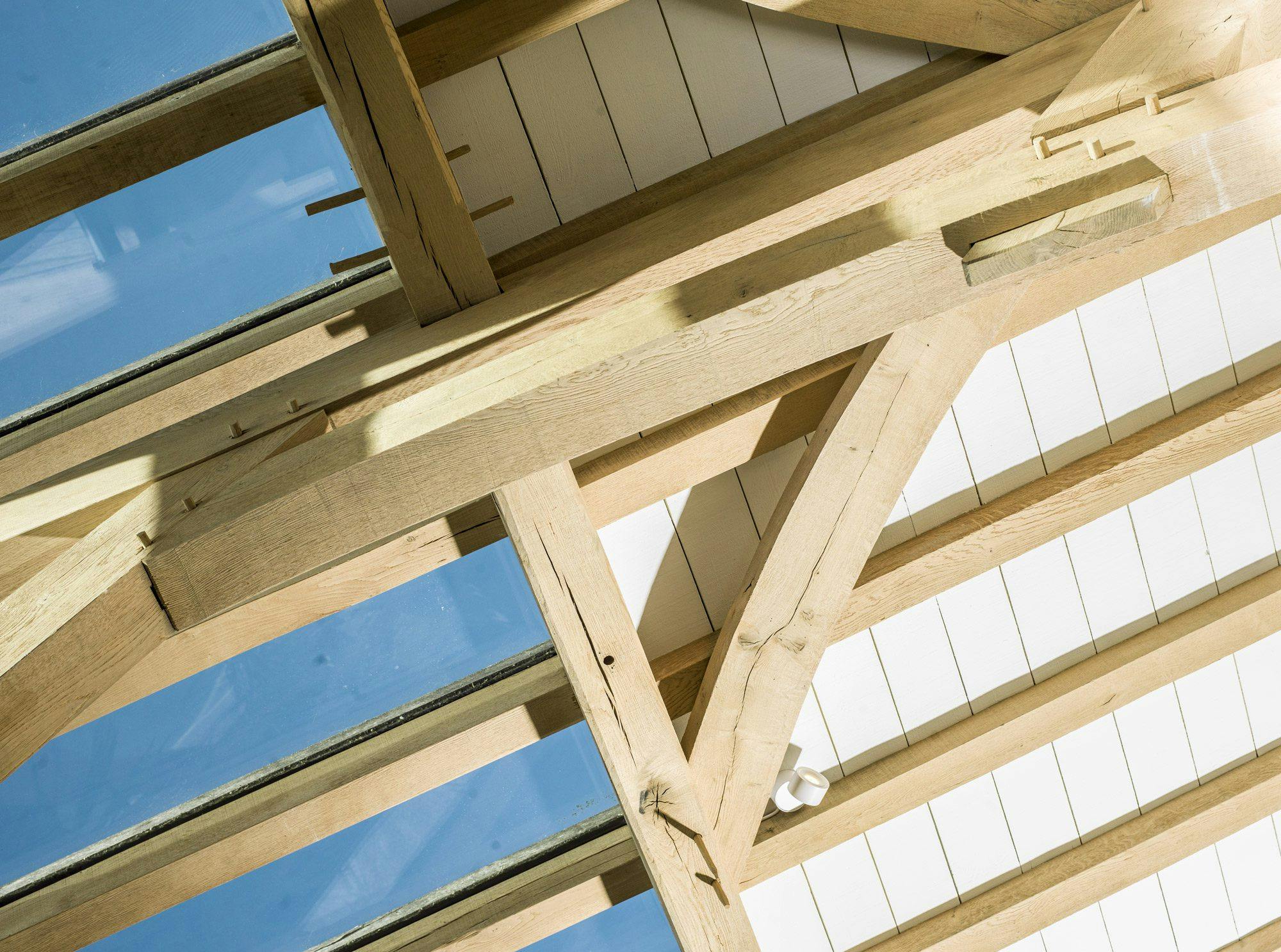 Carpenter Oak Show Barn with Exposed Rafters, Roof Light, and Painted Softwood Boarding