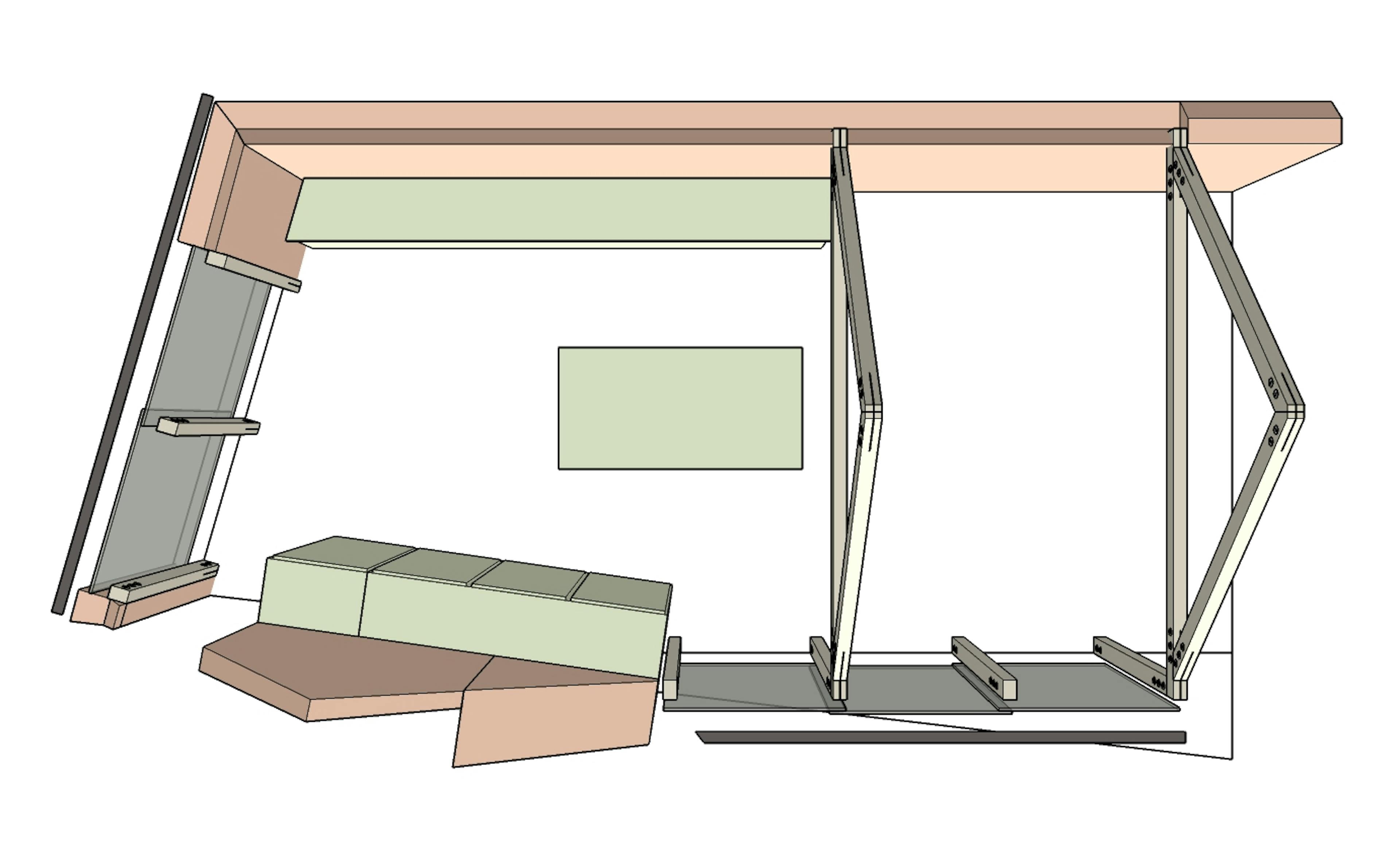 Architectural drawings showing an aerial view of an open-plan living space with an integrated structural timber frame