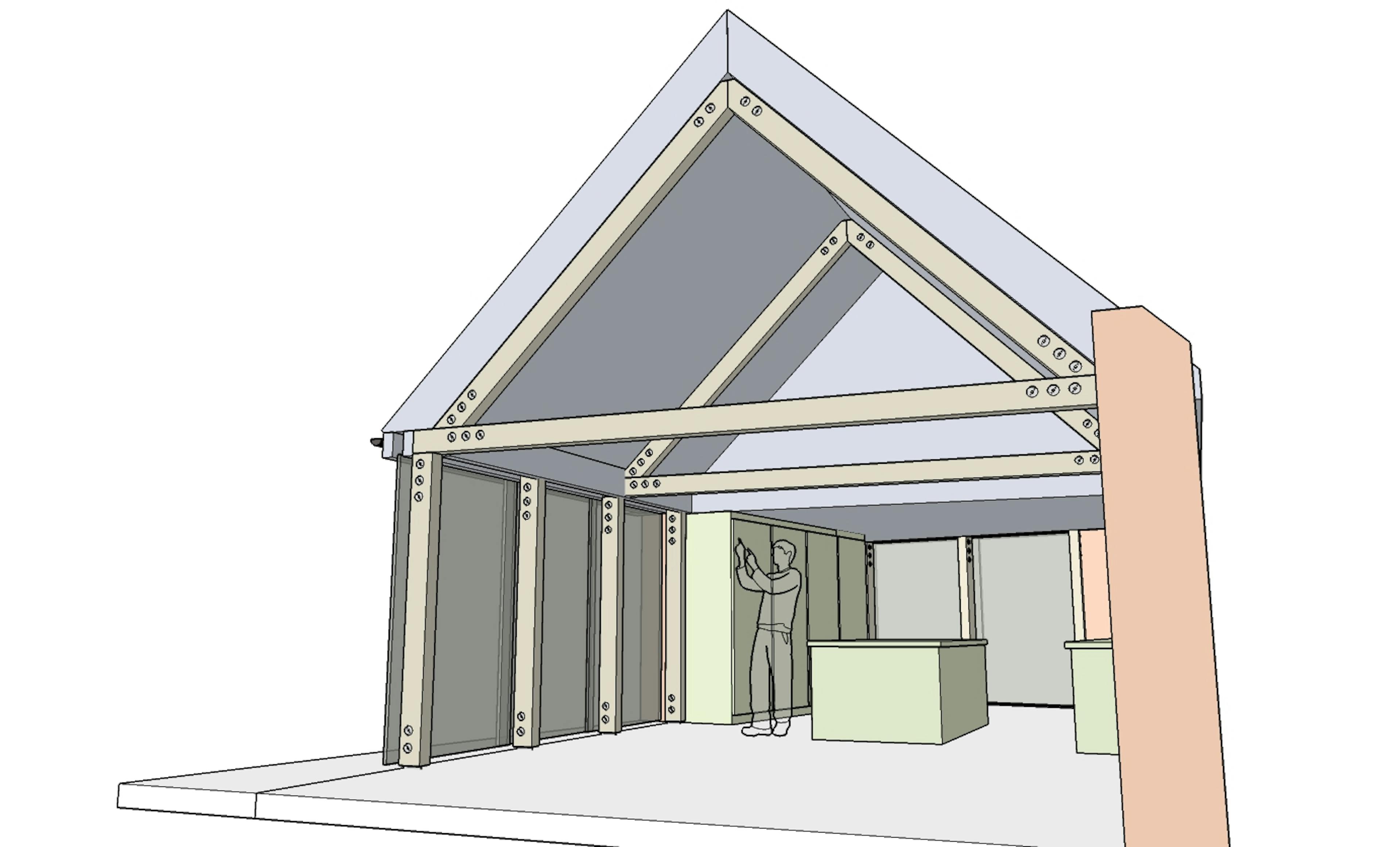 Technical drawings of an oak-framed extension featuring steel fixings