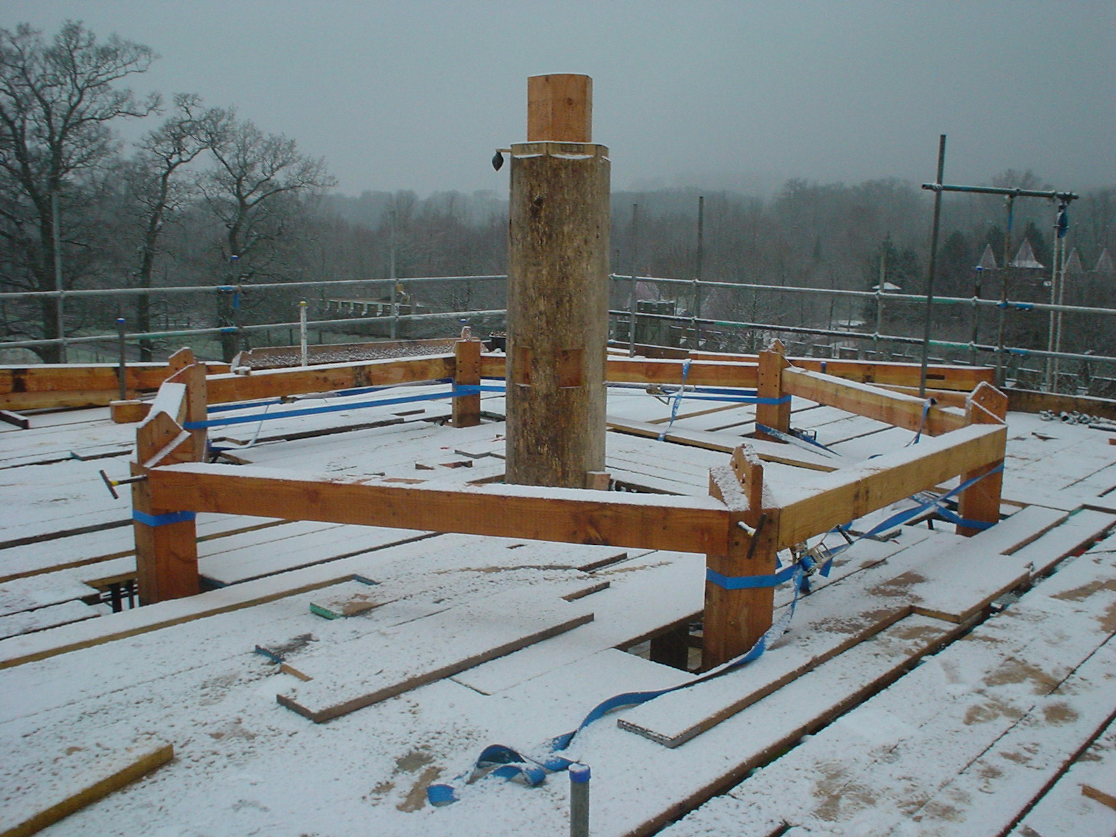 Roof structure being assembled on-site at Longleat Estate in the snow