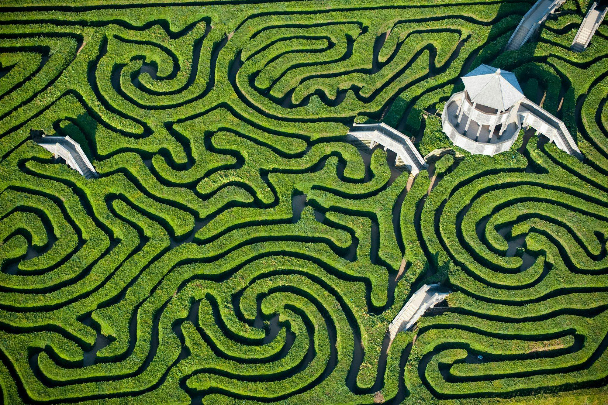 Longleat Garden Maze featuring a timber-framed tower at its center