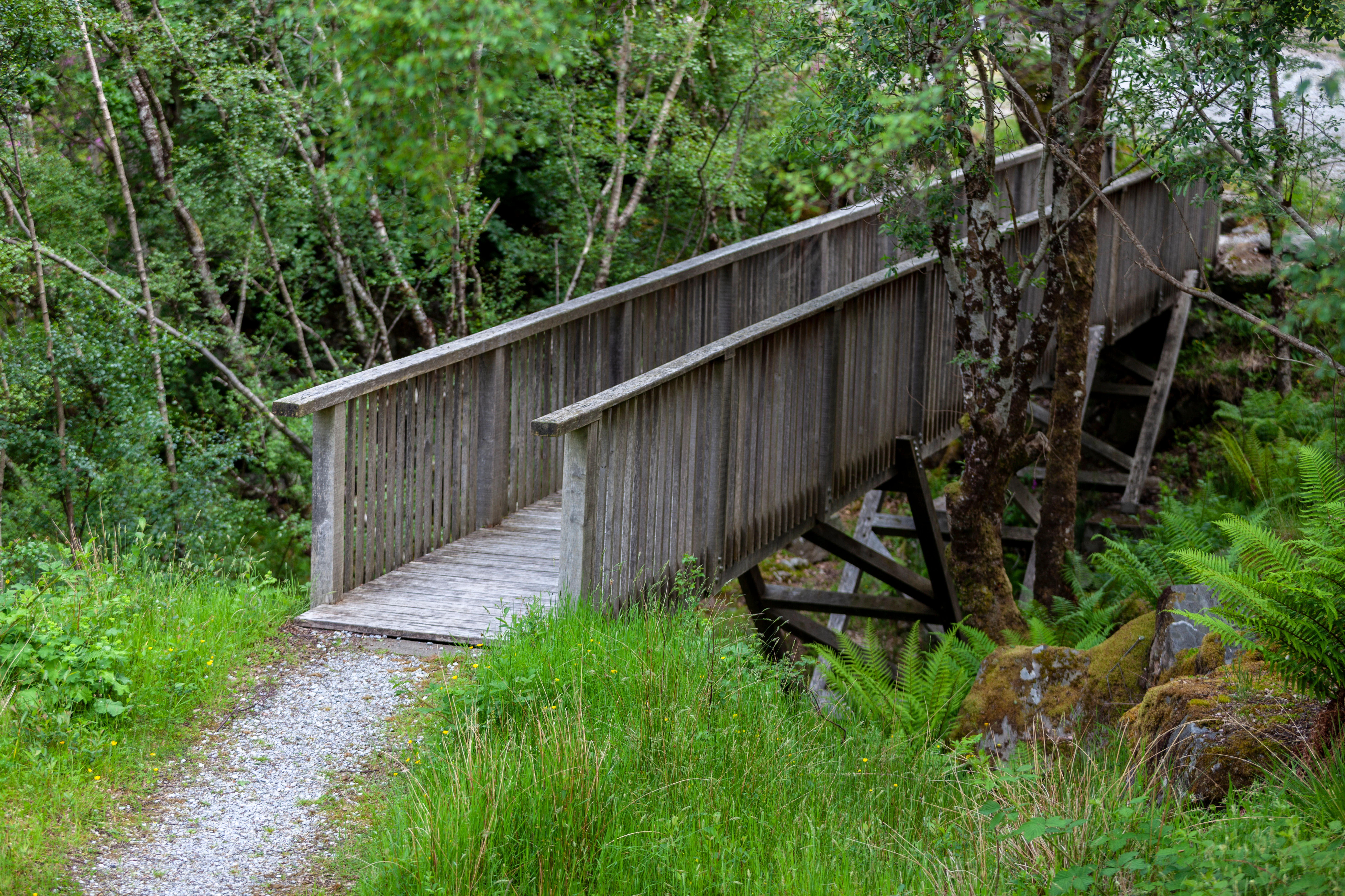 Timber-framed bridge connecting a walkway to a home on the coast of Loch Ailort