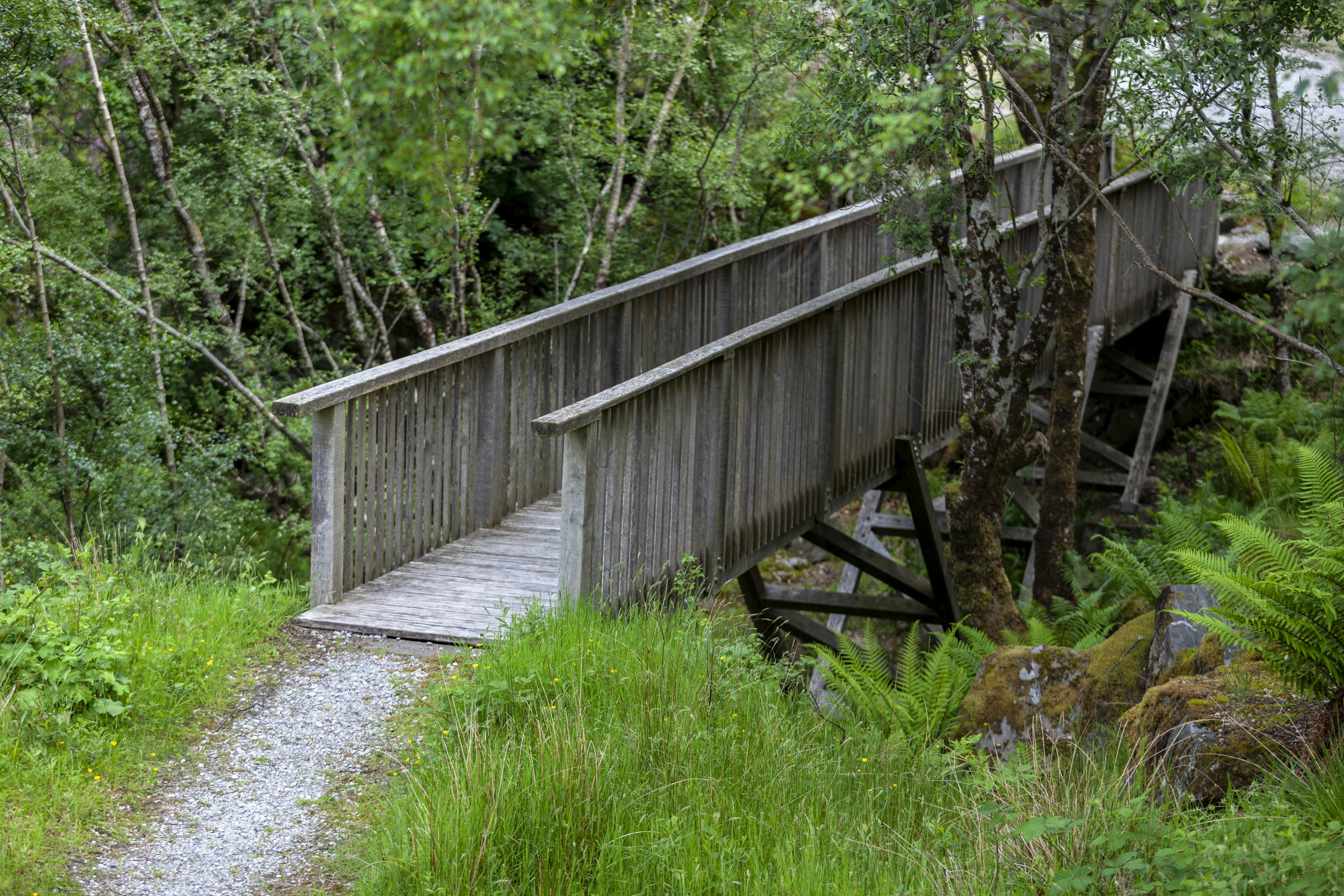 Timber-framed bridge connecting a walkway to a home on the coast of Loch Ailort