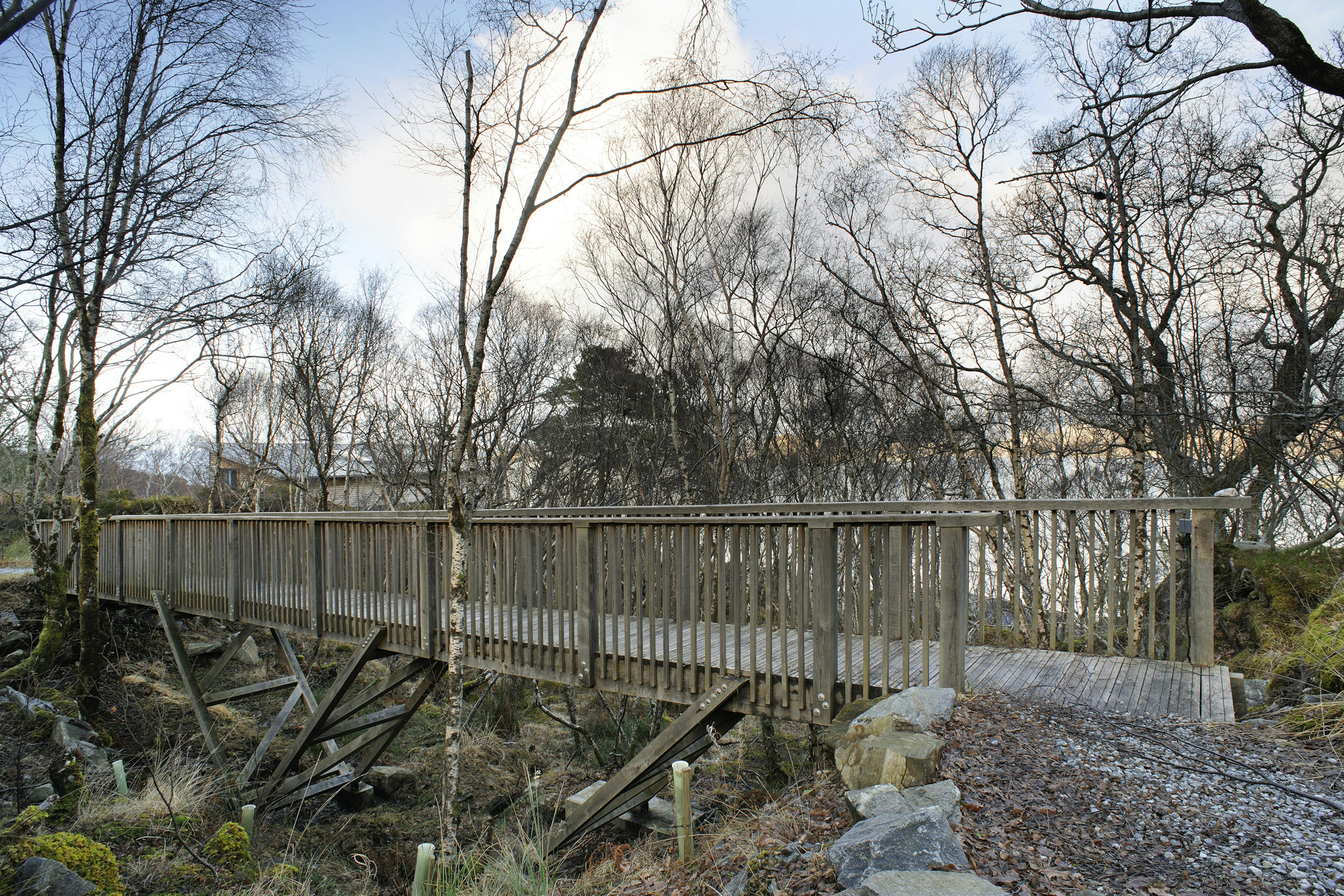 Timber-framed connecting bridge in the woodland along the coast of Loch Ailort, Scotland