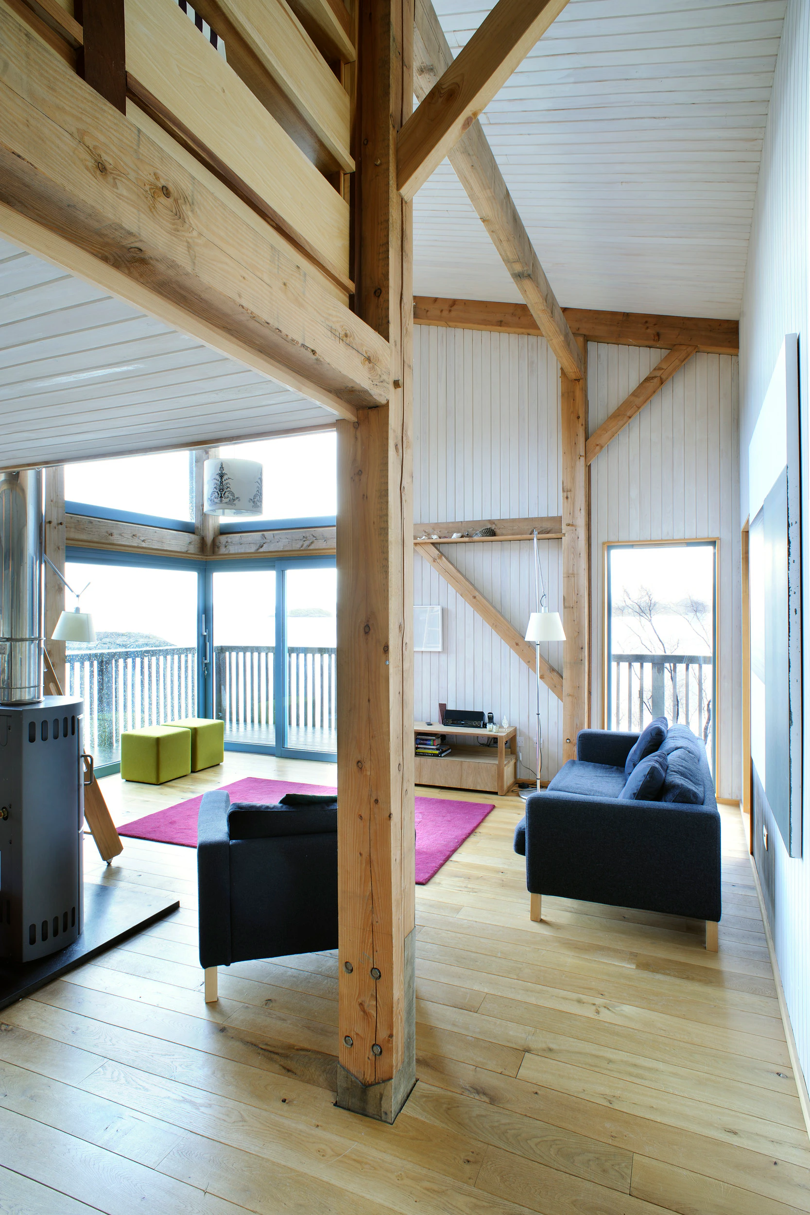 Internal view of a Douglas-fir framed living space with vaulted ceilings