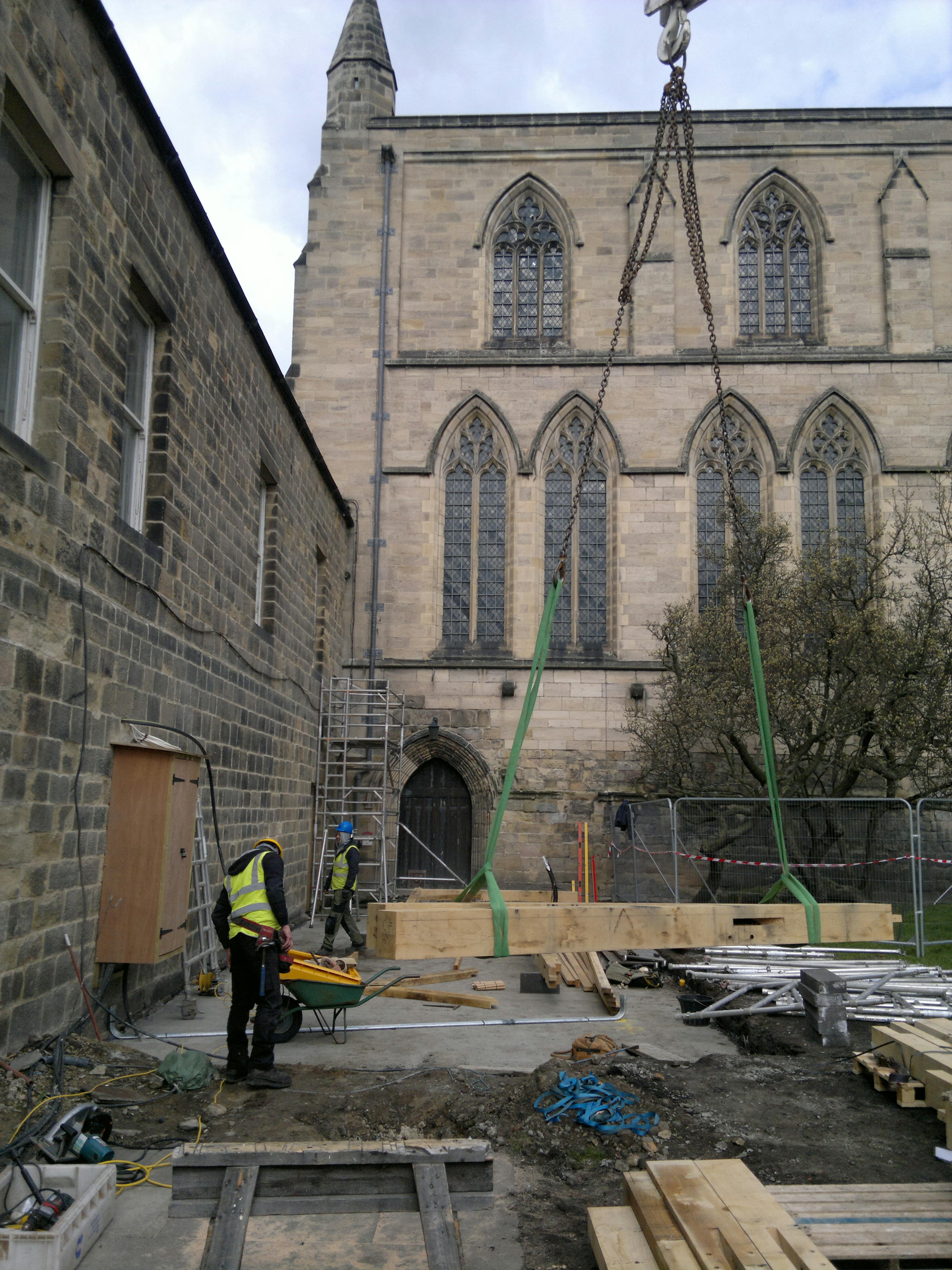On-site installation of the new oak-framed cloister at Hexham Abbey
