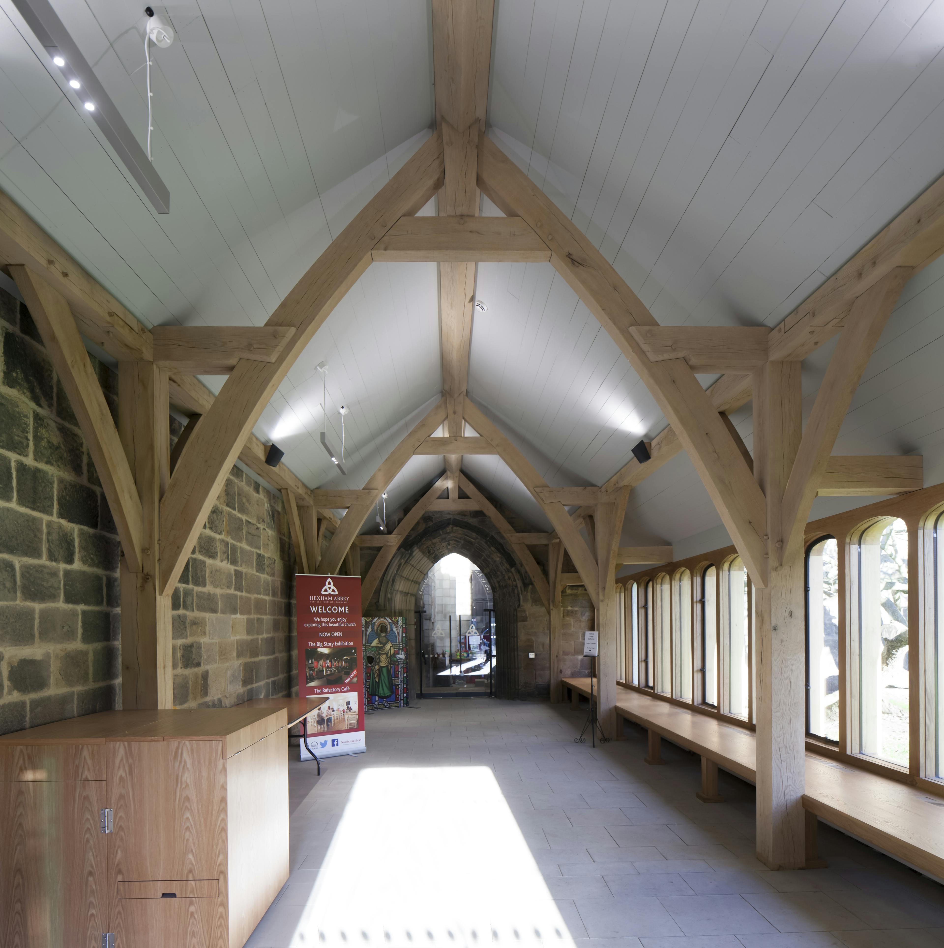 Internal view of oak-framed cloister at Hexham Abbey