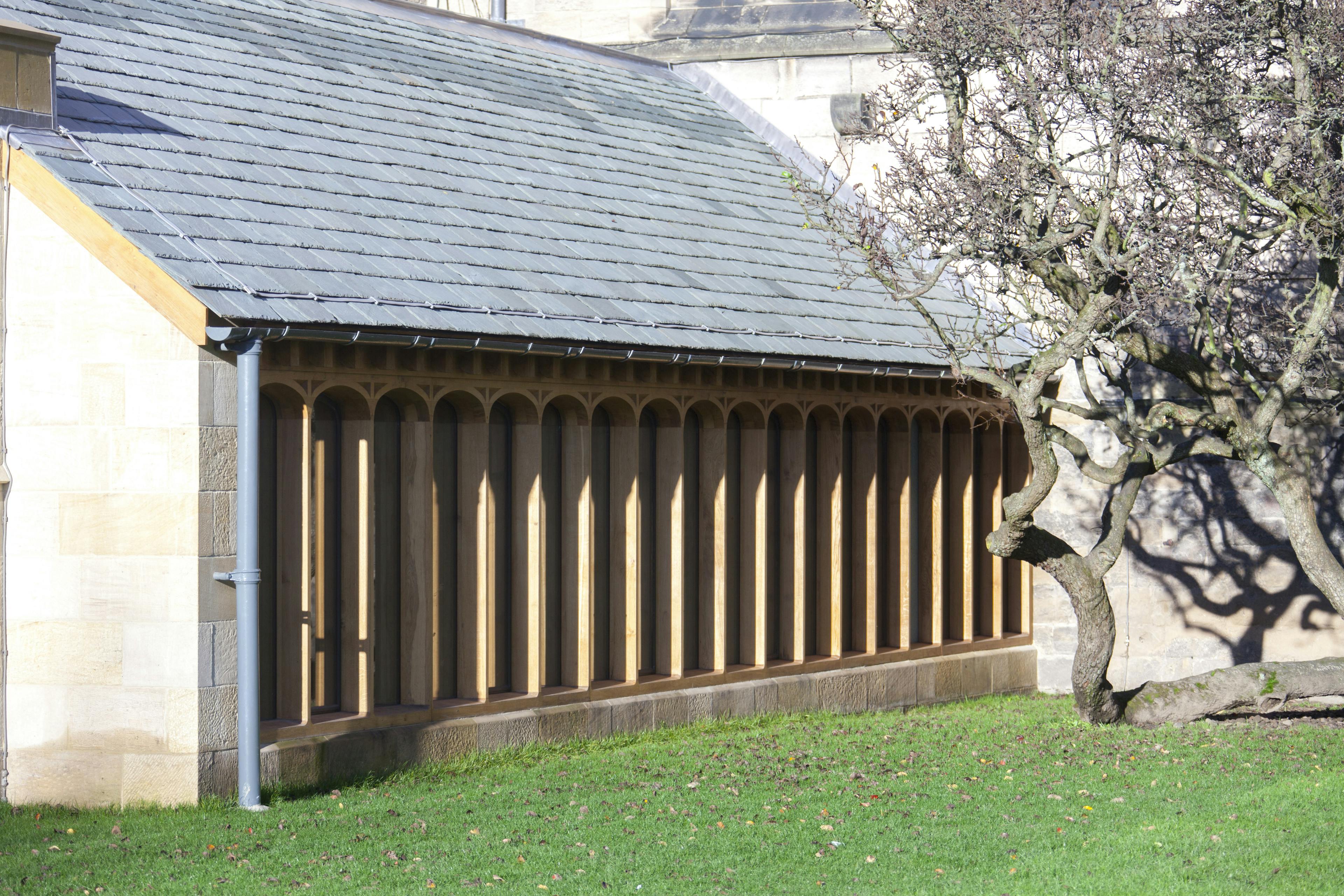 Oak-framed cloister at Hexham Abbey 