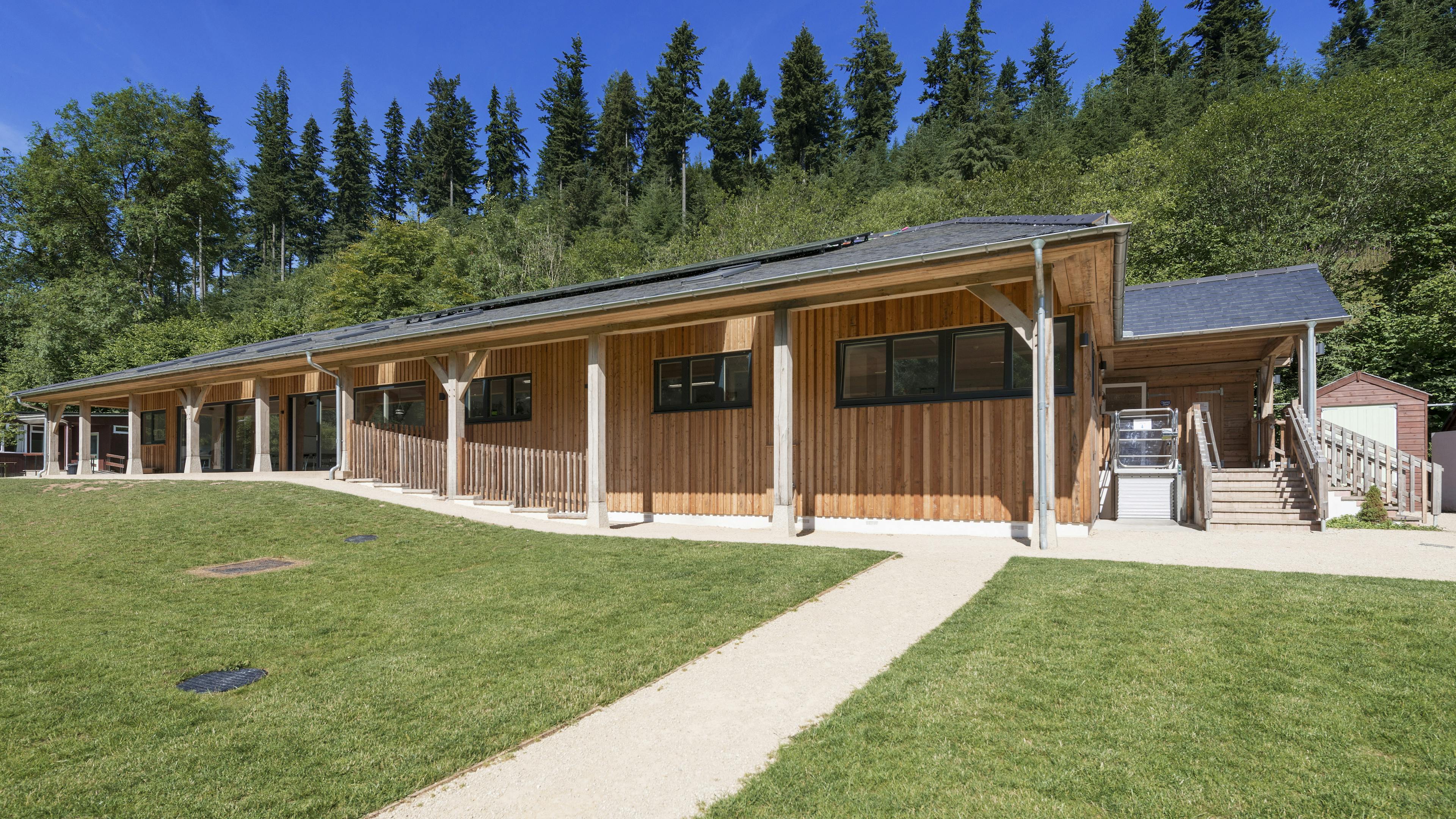 External view of the new multifunctional space at Great Wood Camp, located in Somerset