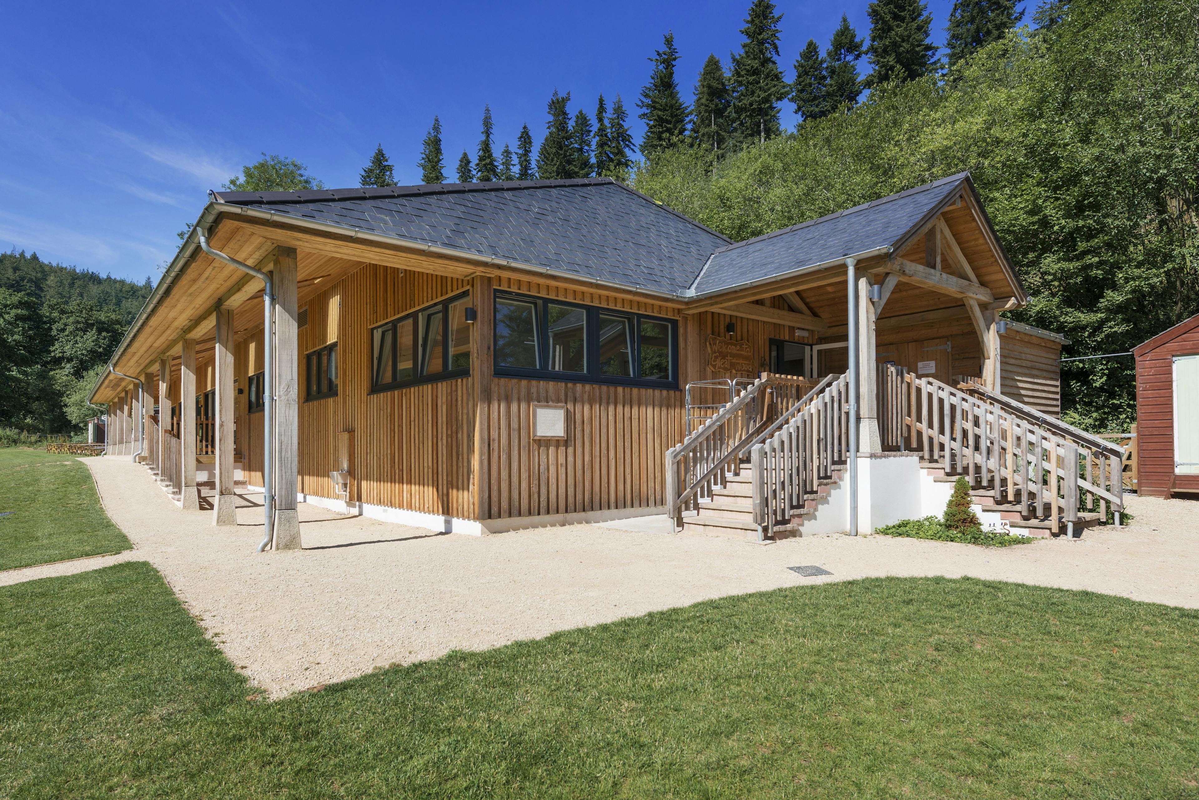 Entrance to the new multifunctional space at Great Wood Camp, designed for versatile use