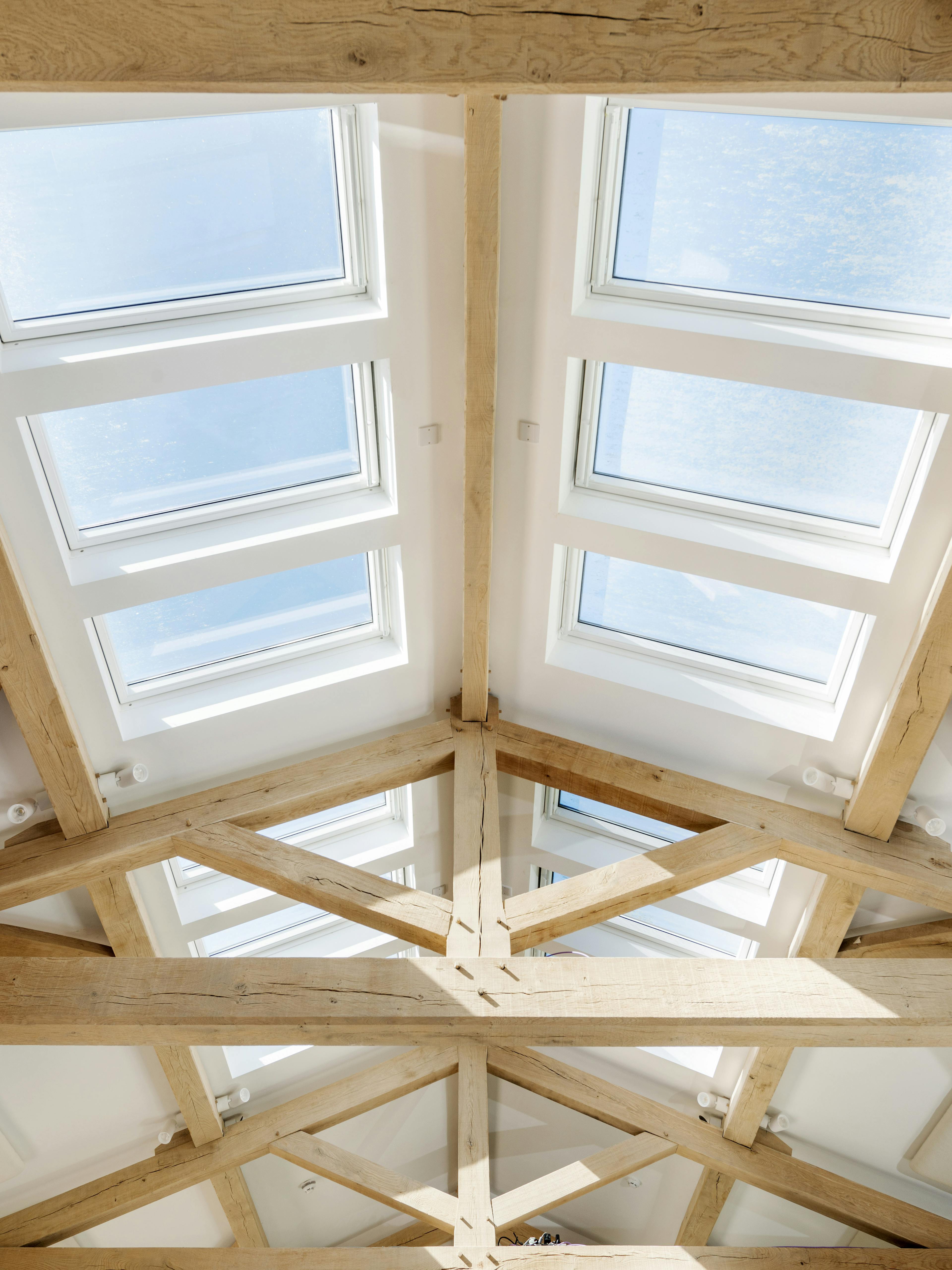Close-up detail of the 4-bay multifunctional space at Great Wood Camp, featuring roof lanterns that bring in abundant natural light