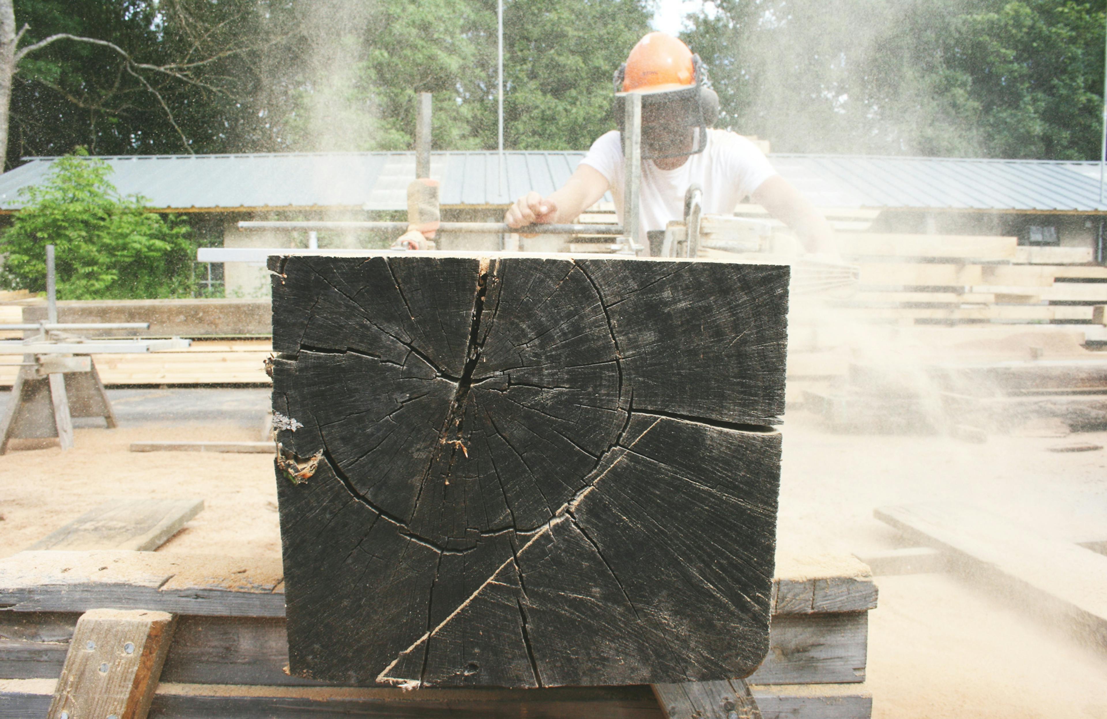 Recycled timber offcuts being sawn in yard for an art installation