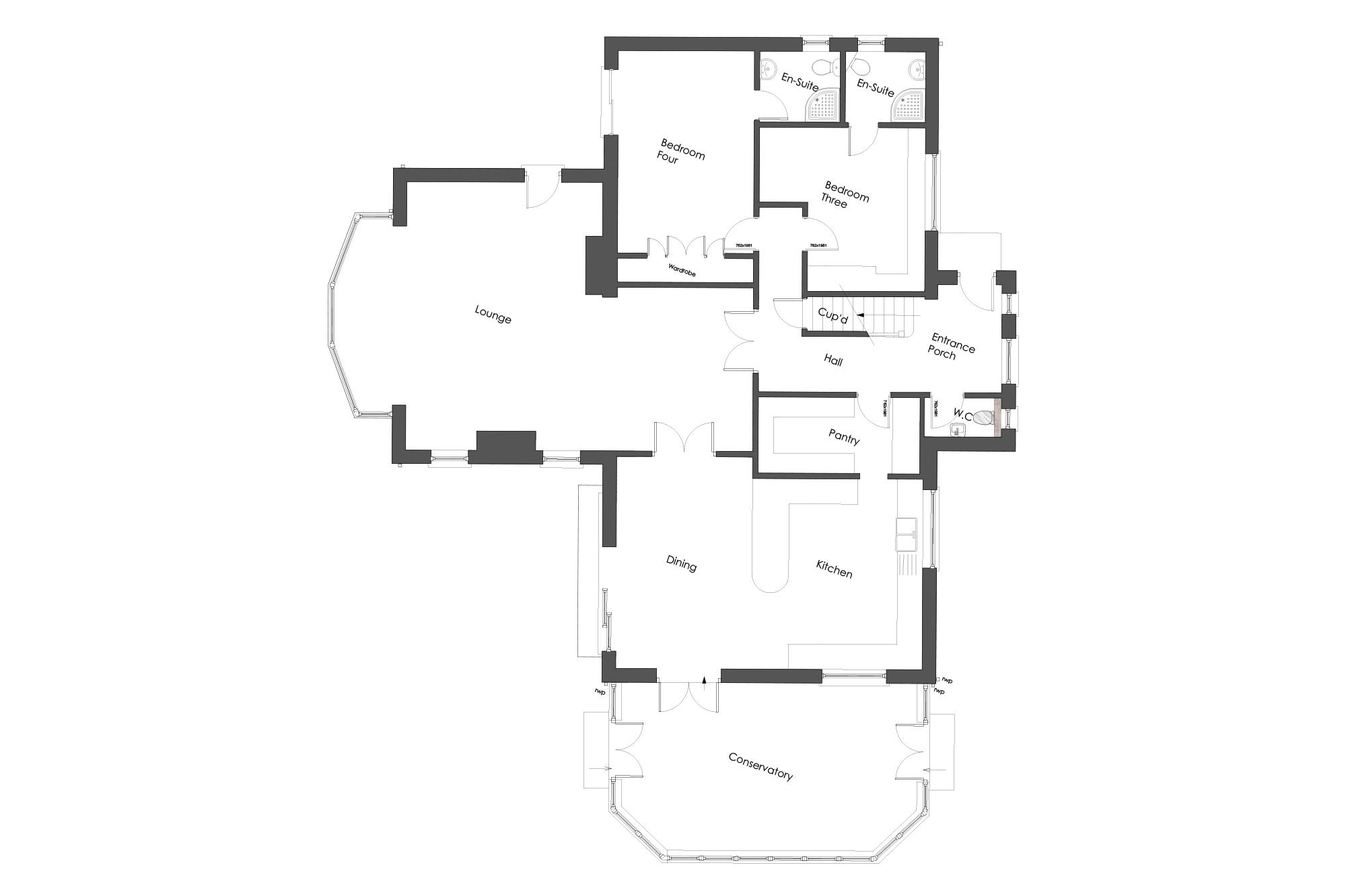 The floorplan of the ground floor of a home