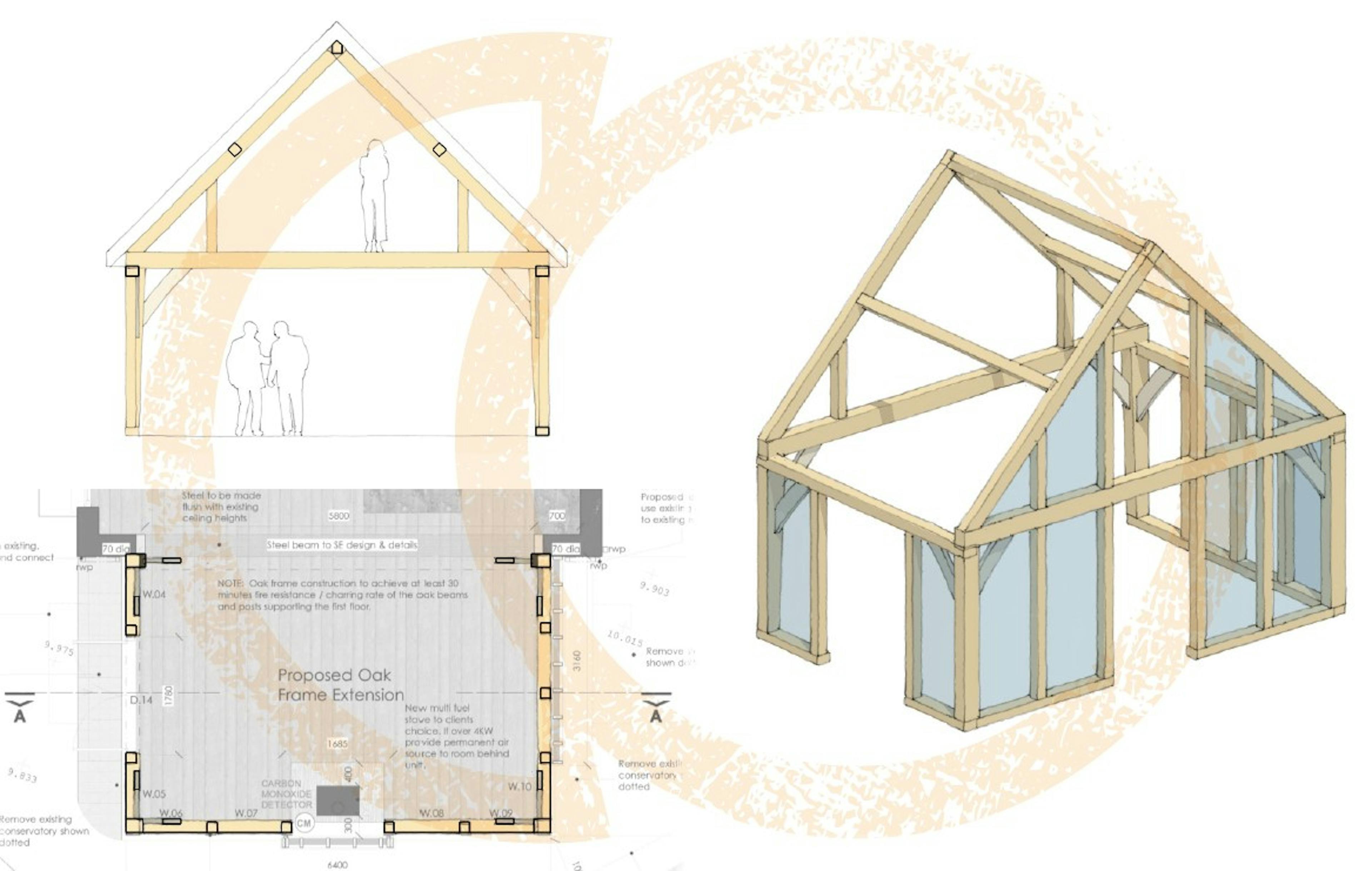 A computer designed sketch of an oak frame extension