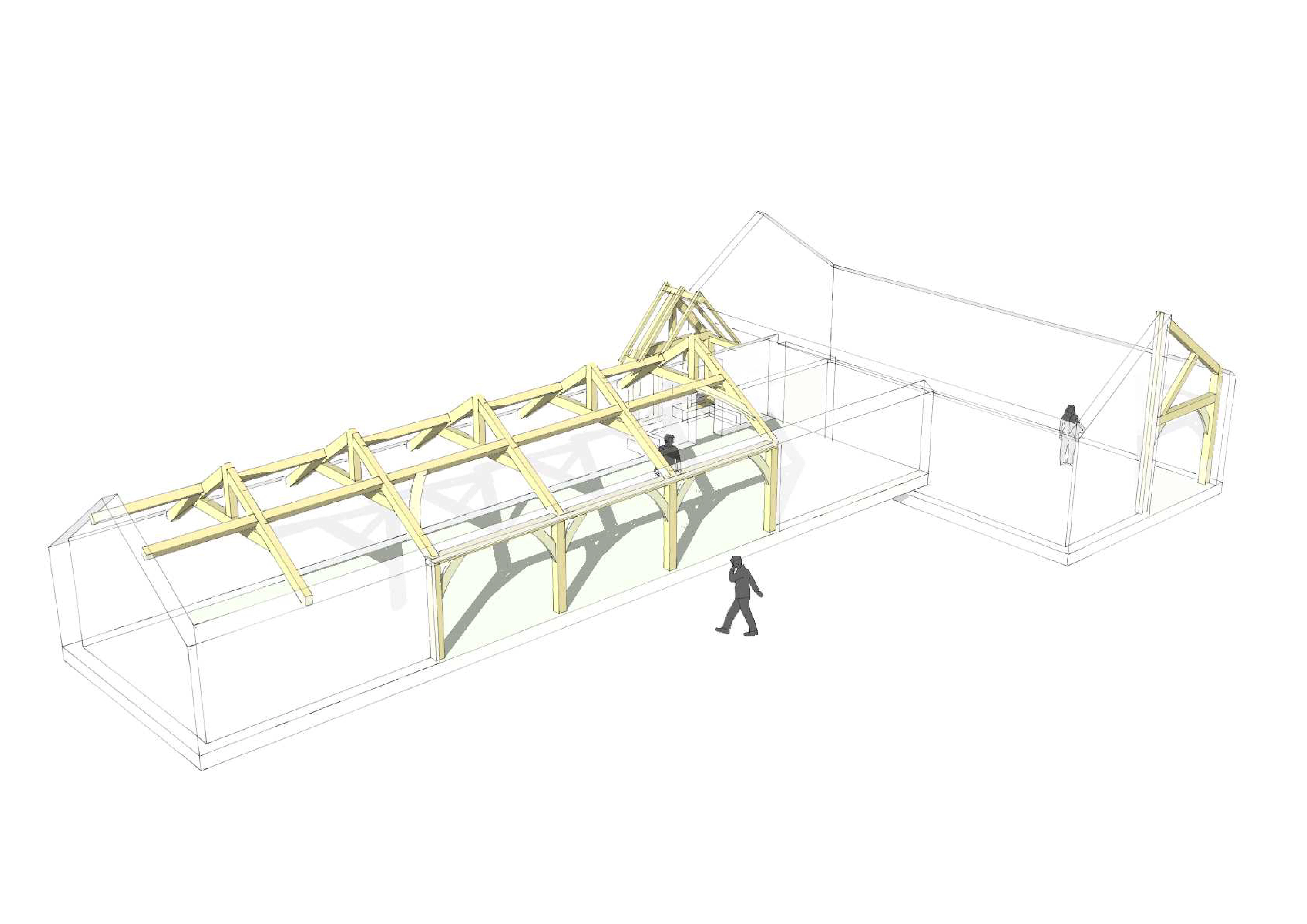 Detailed sketch plan of a partial oak-frame home, showing structural elements