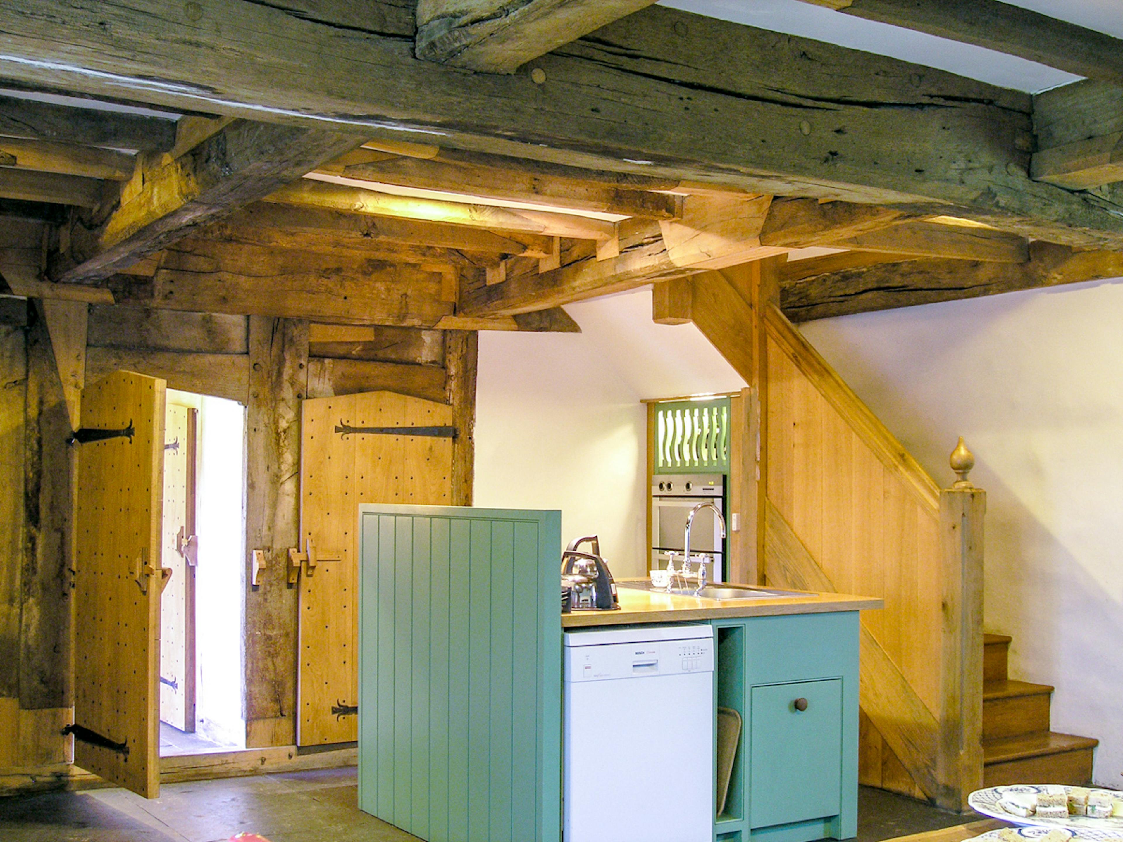 The kitchen in a restored 16th century barn