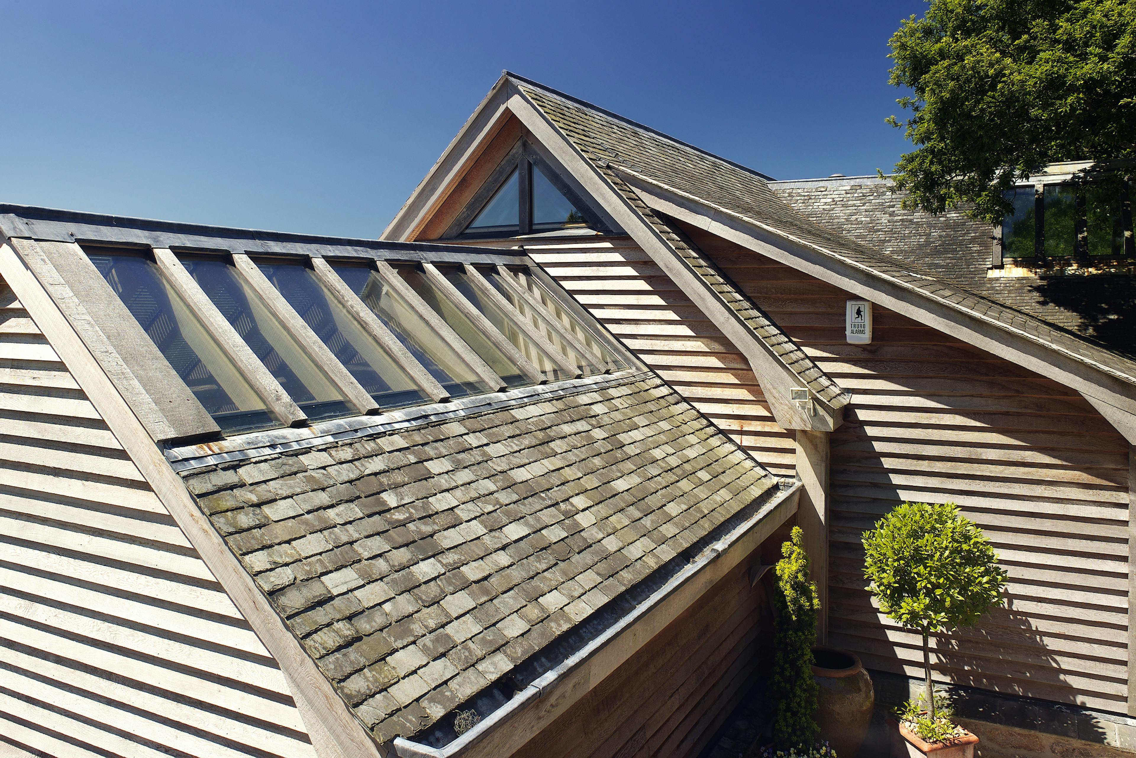 The roof line of an oak frame home