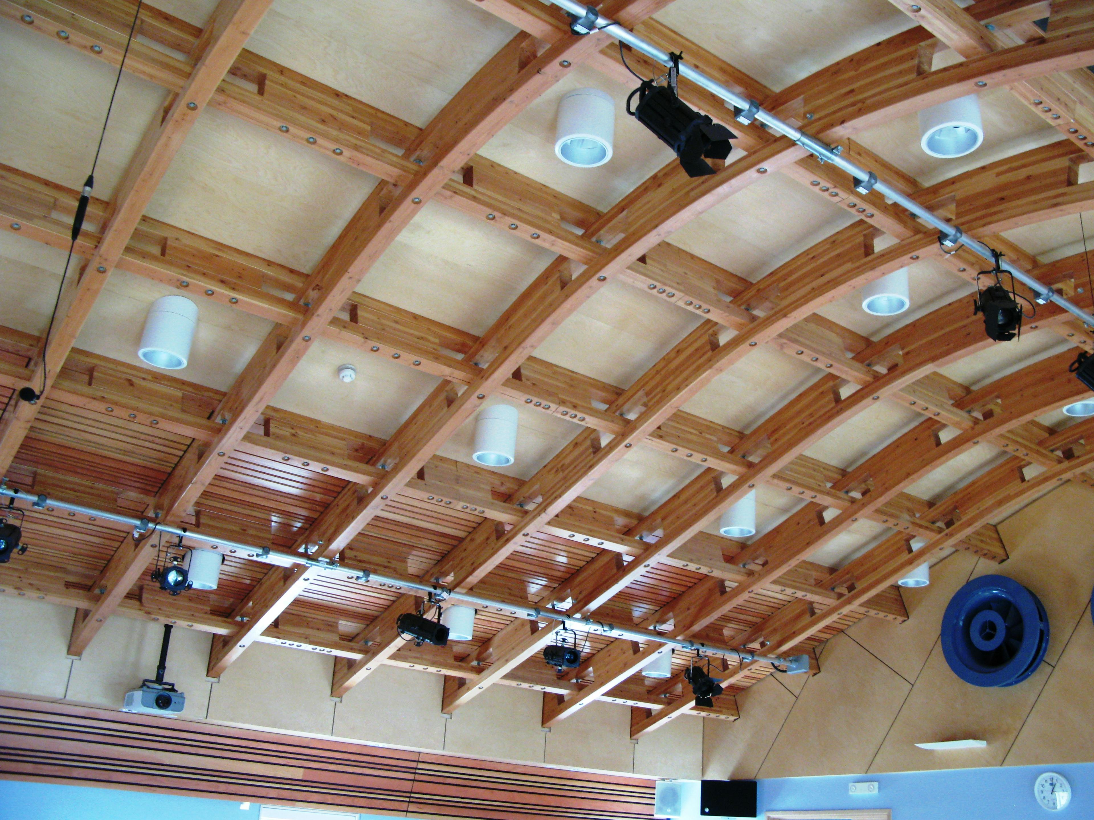 The roof of a glulam gridshell structure with a row of theatre lights