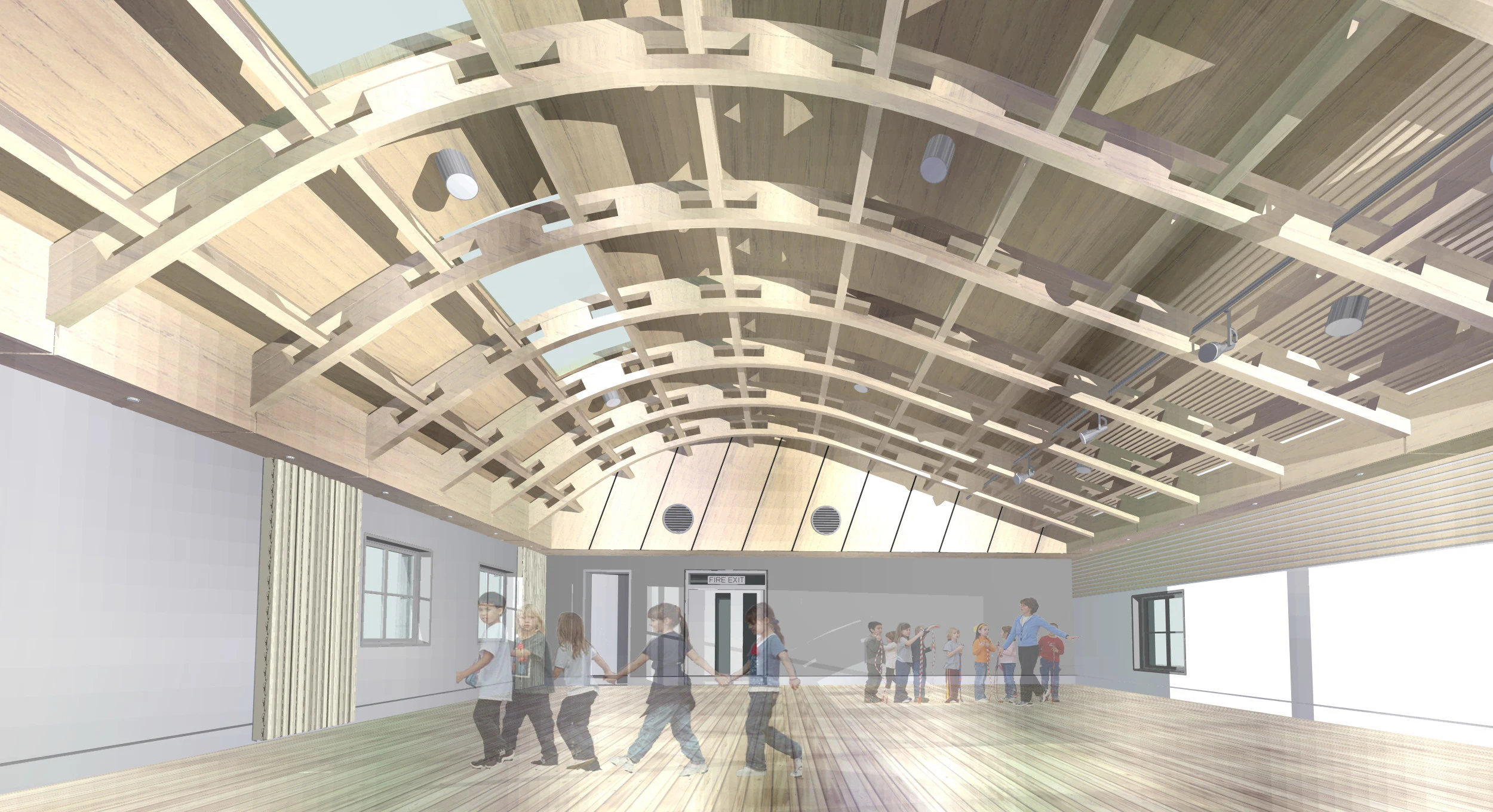 Computer generated concept image of the roof of a glulam gridshell structure in a hall