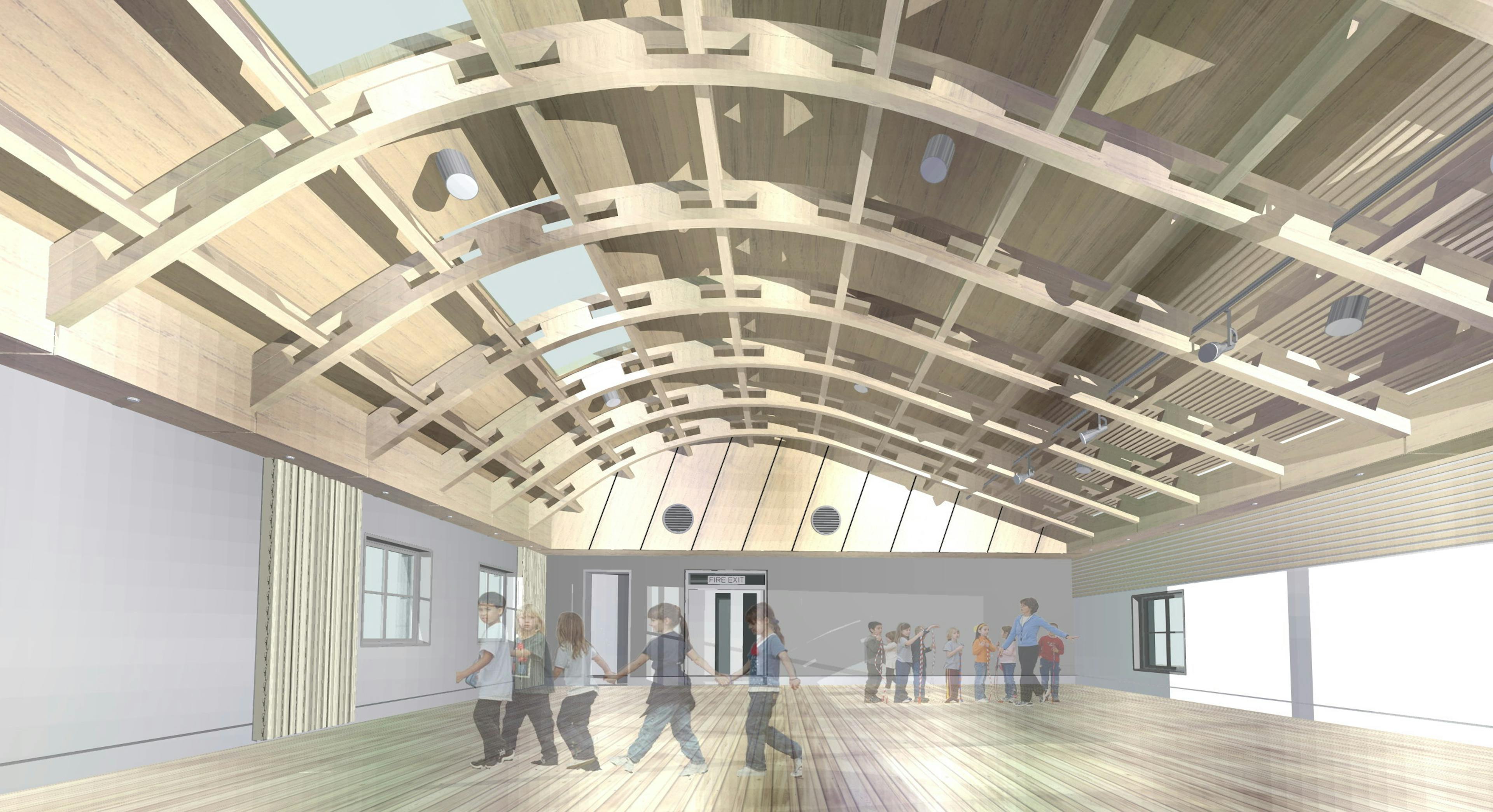 Computer generated concept image of the roof of a glulam gridshell structure in a hall