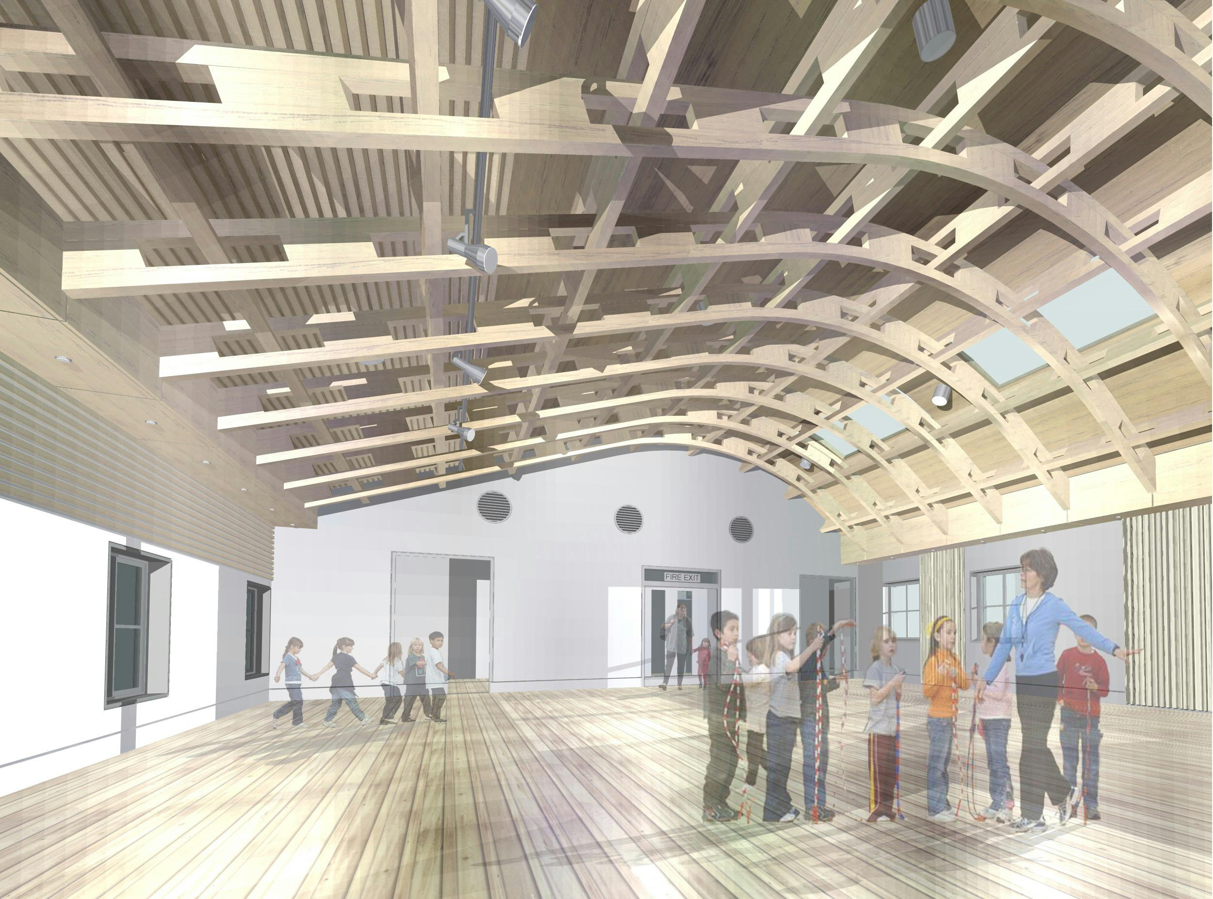 Computer generated concept image of the roof of a glulam gridshell structure in a hall