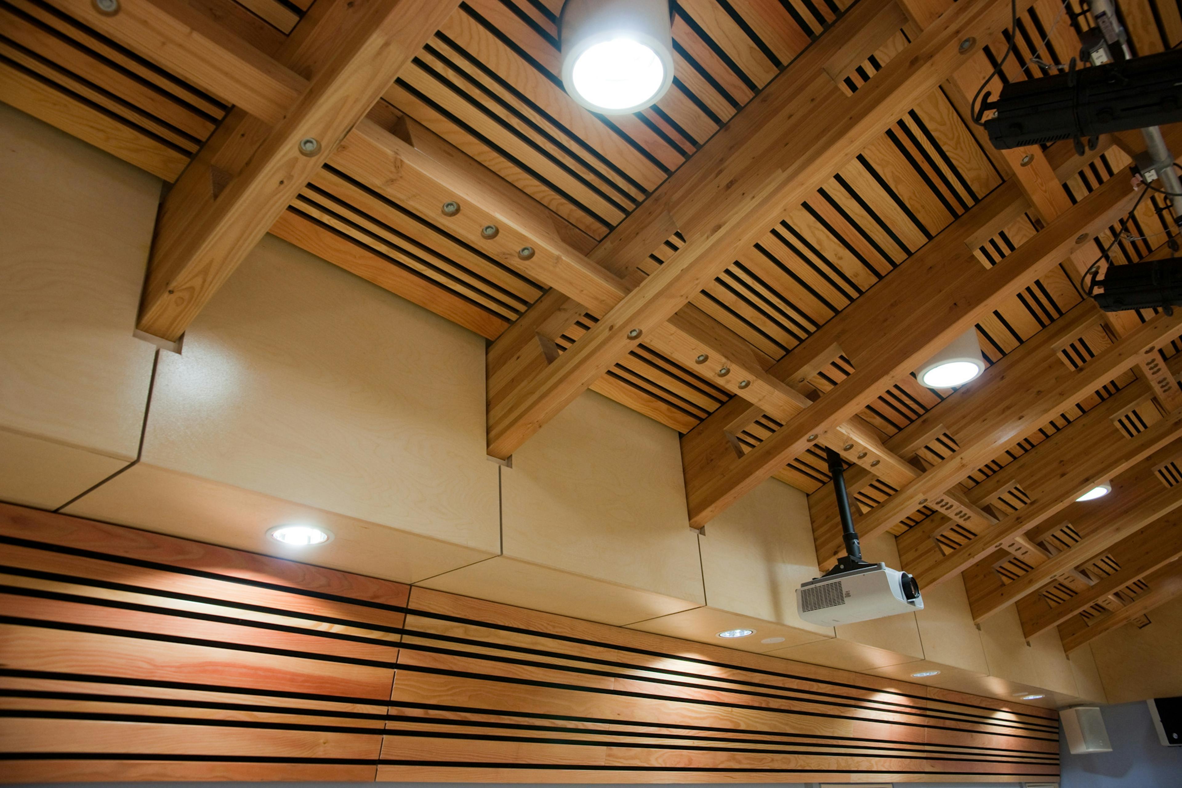 Timber panelling behind seating in a hall with a glulam gridshell roof structure