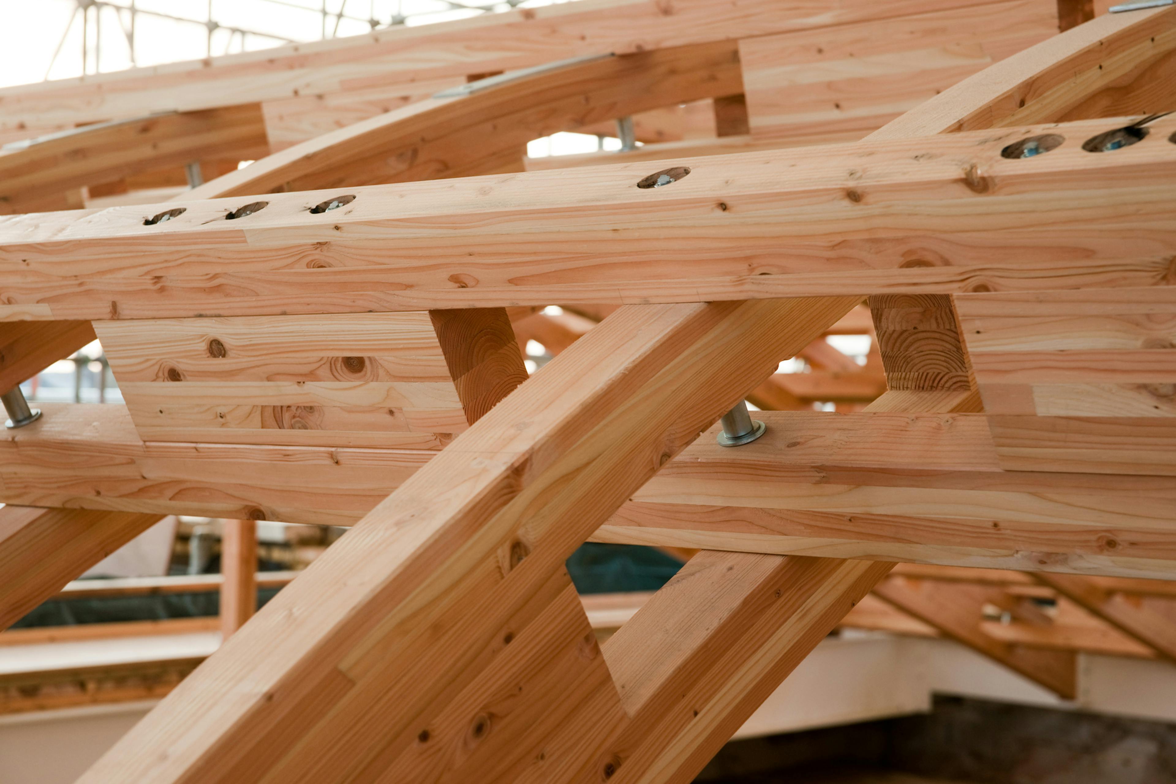 A close up of a glulam gridshell roof structure during installation