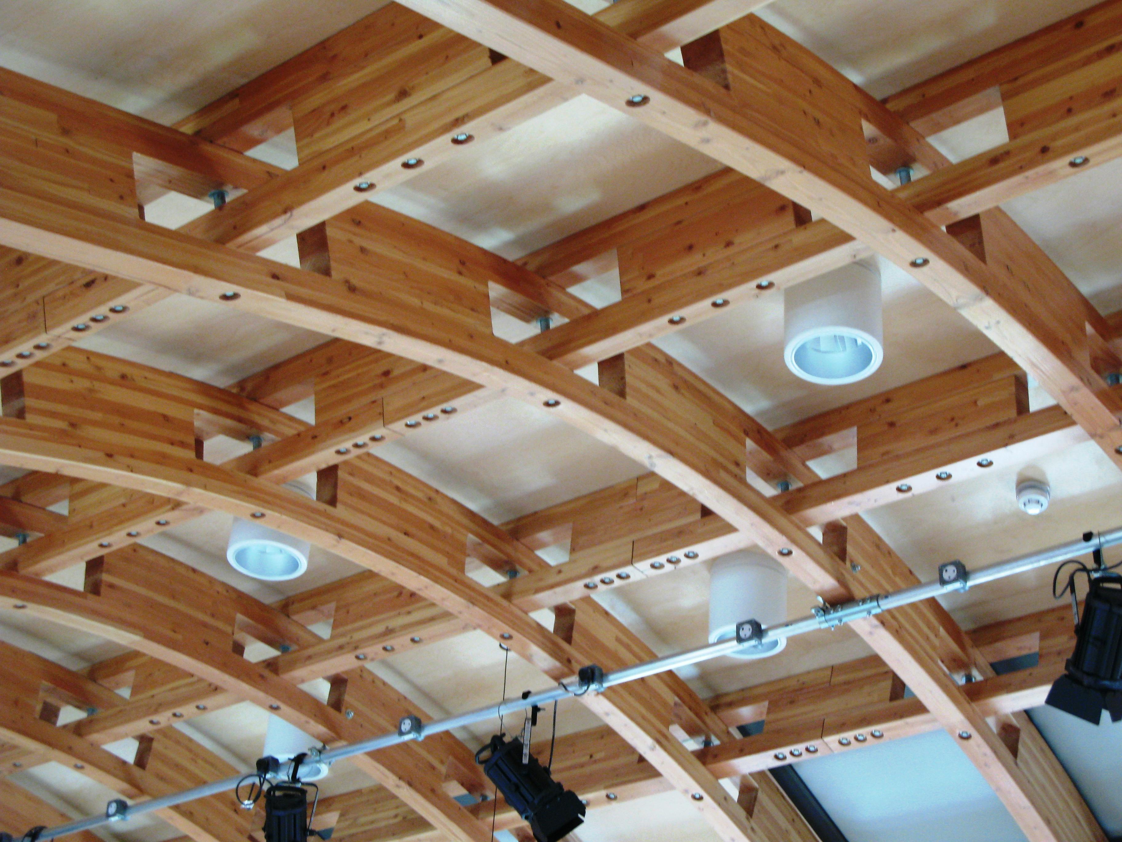 The roof of a glulam gridshell structure with a row of theatre lights