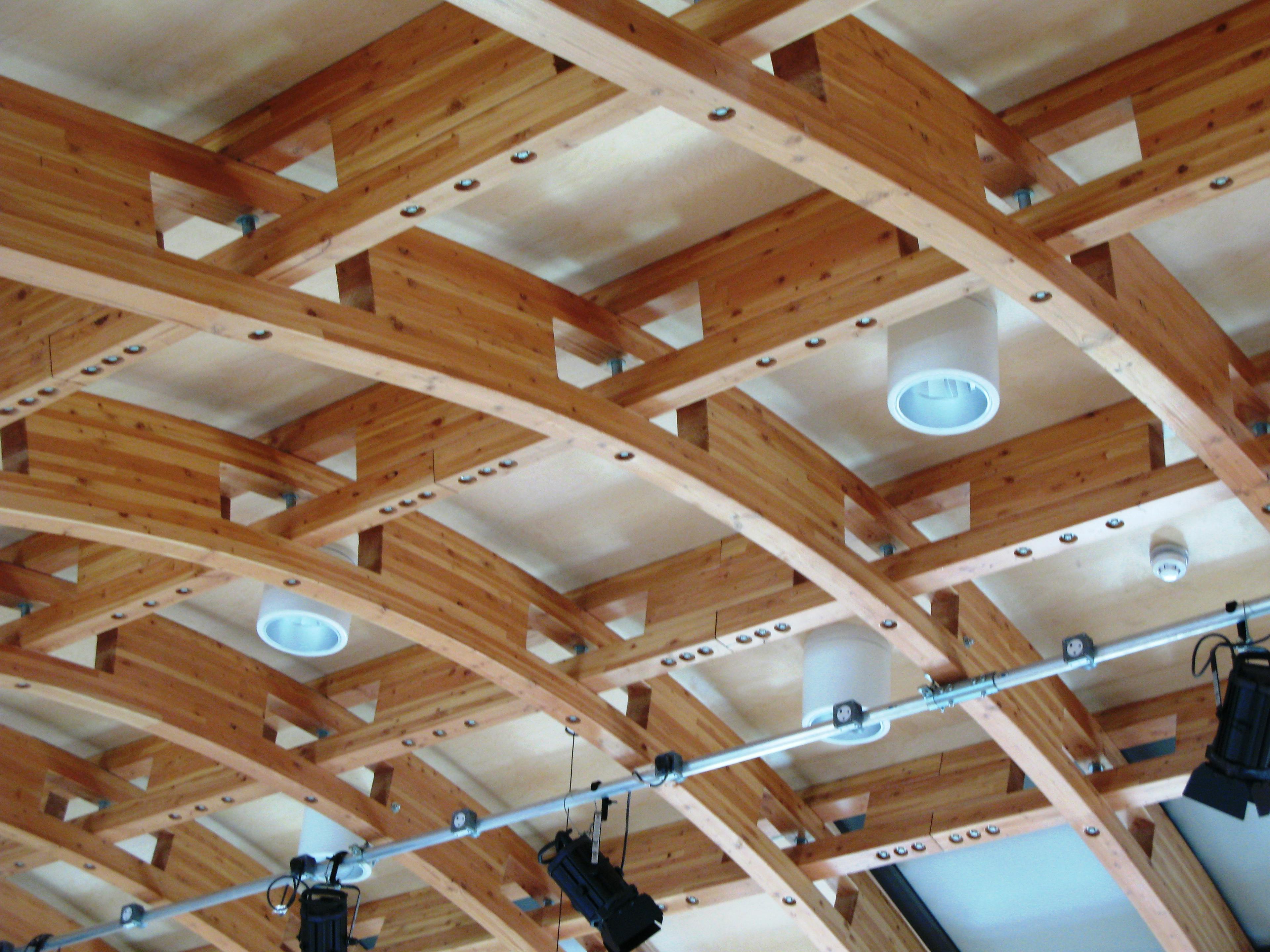 The roof of a glulam gridshell structure with a row of theatre lights