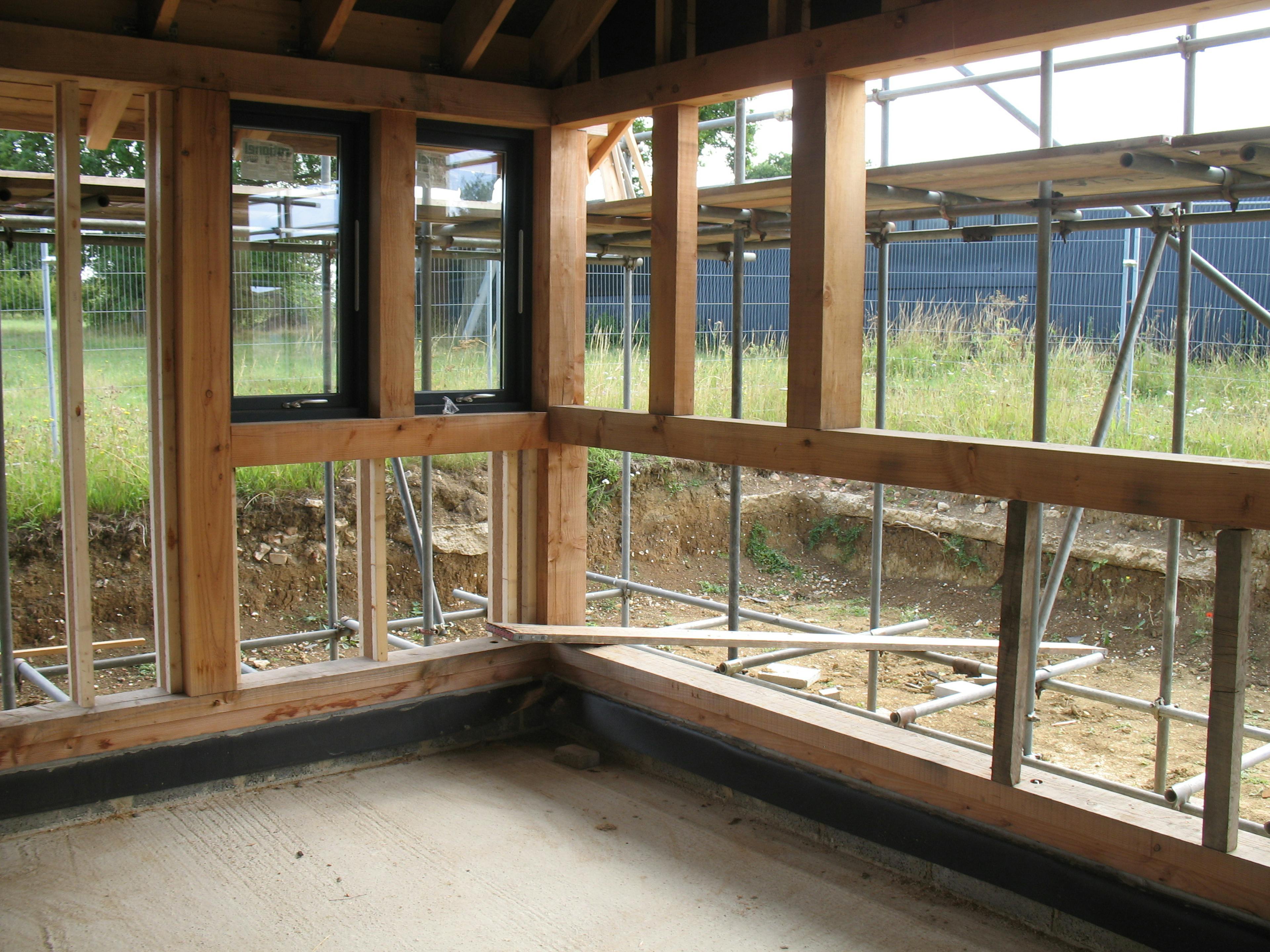 A Douglas fir framed large family farmhouse during installation