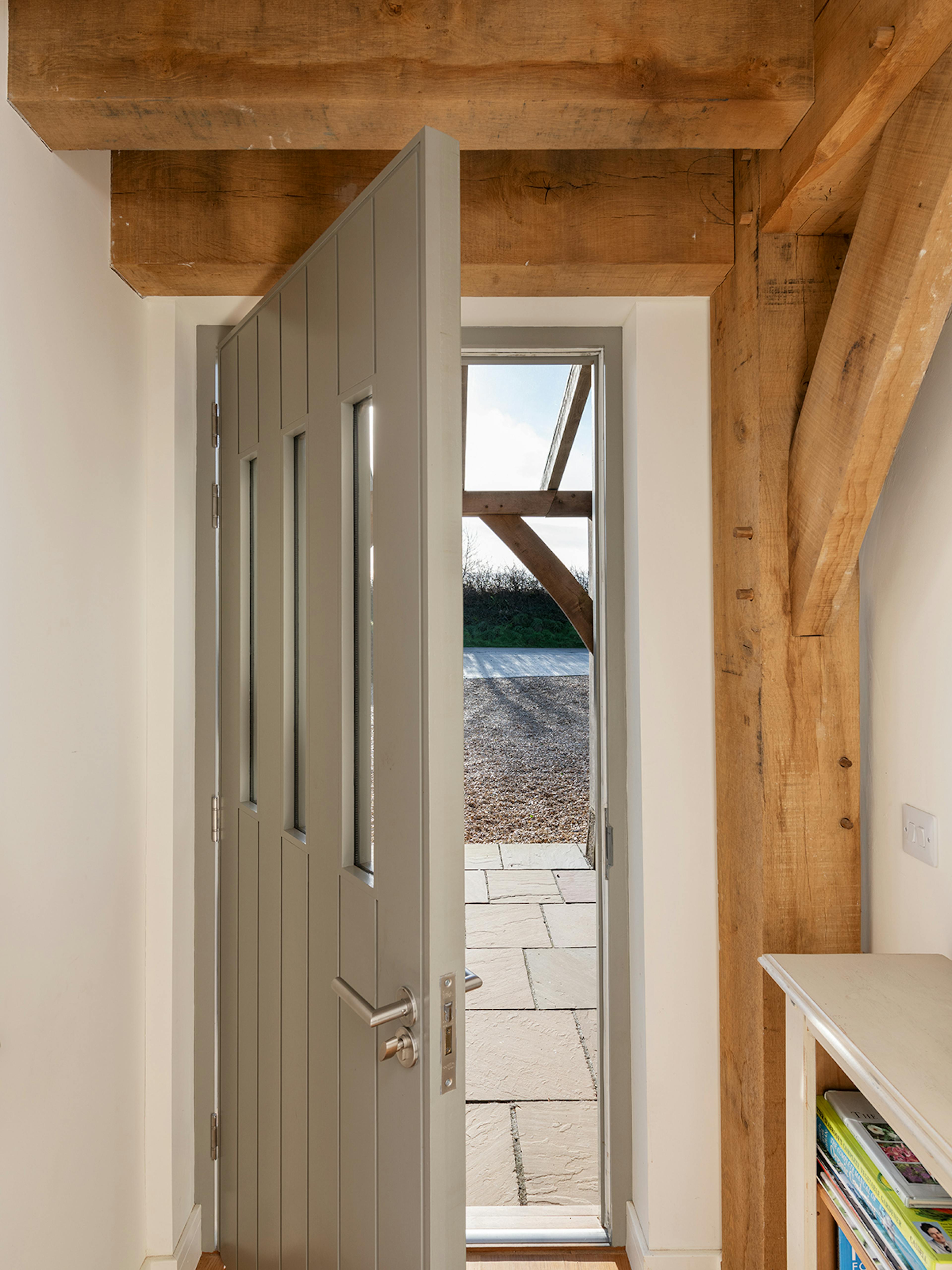 An entranceway in an oak framed home