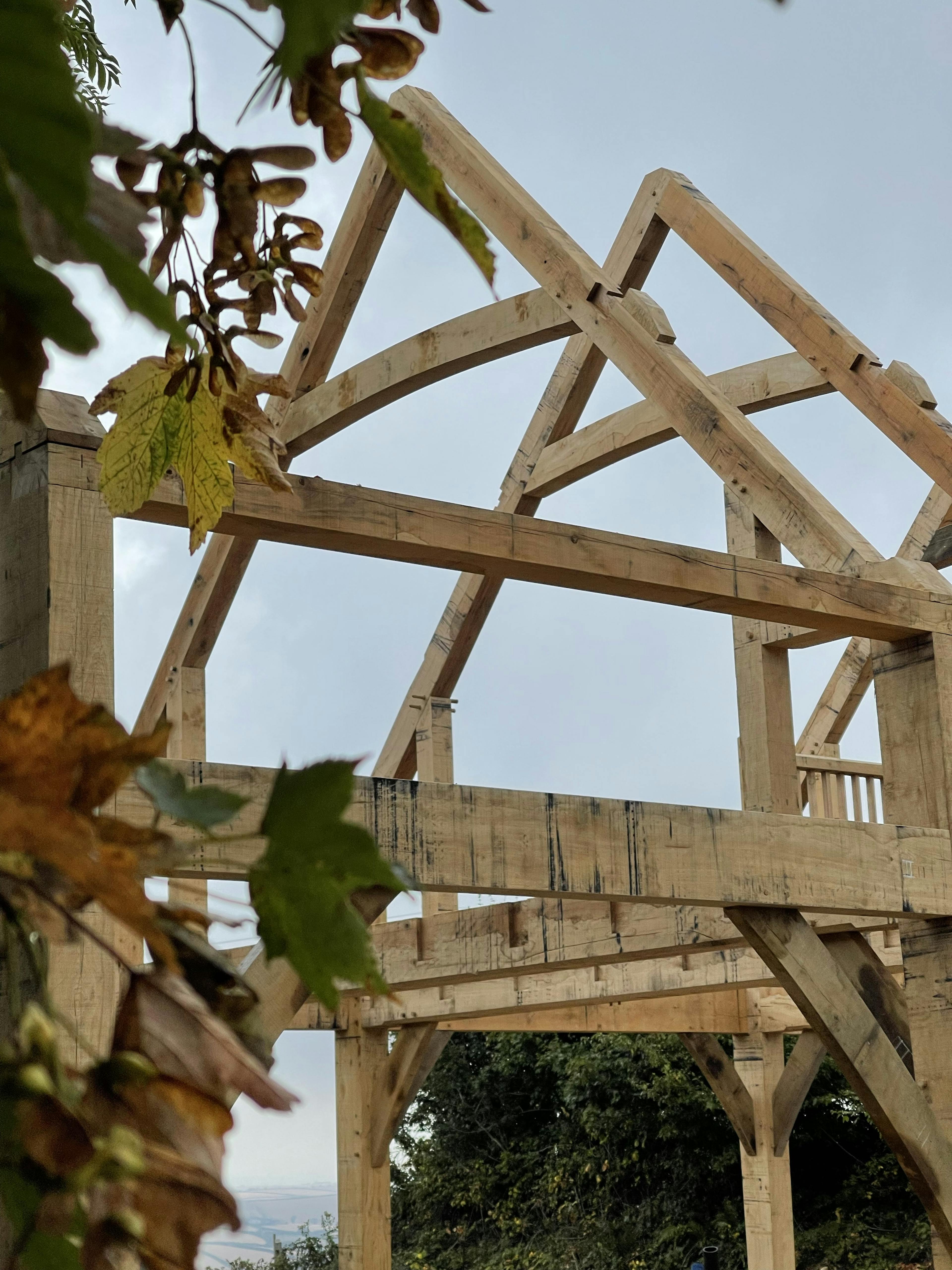 An oak frame during installation