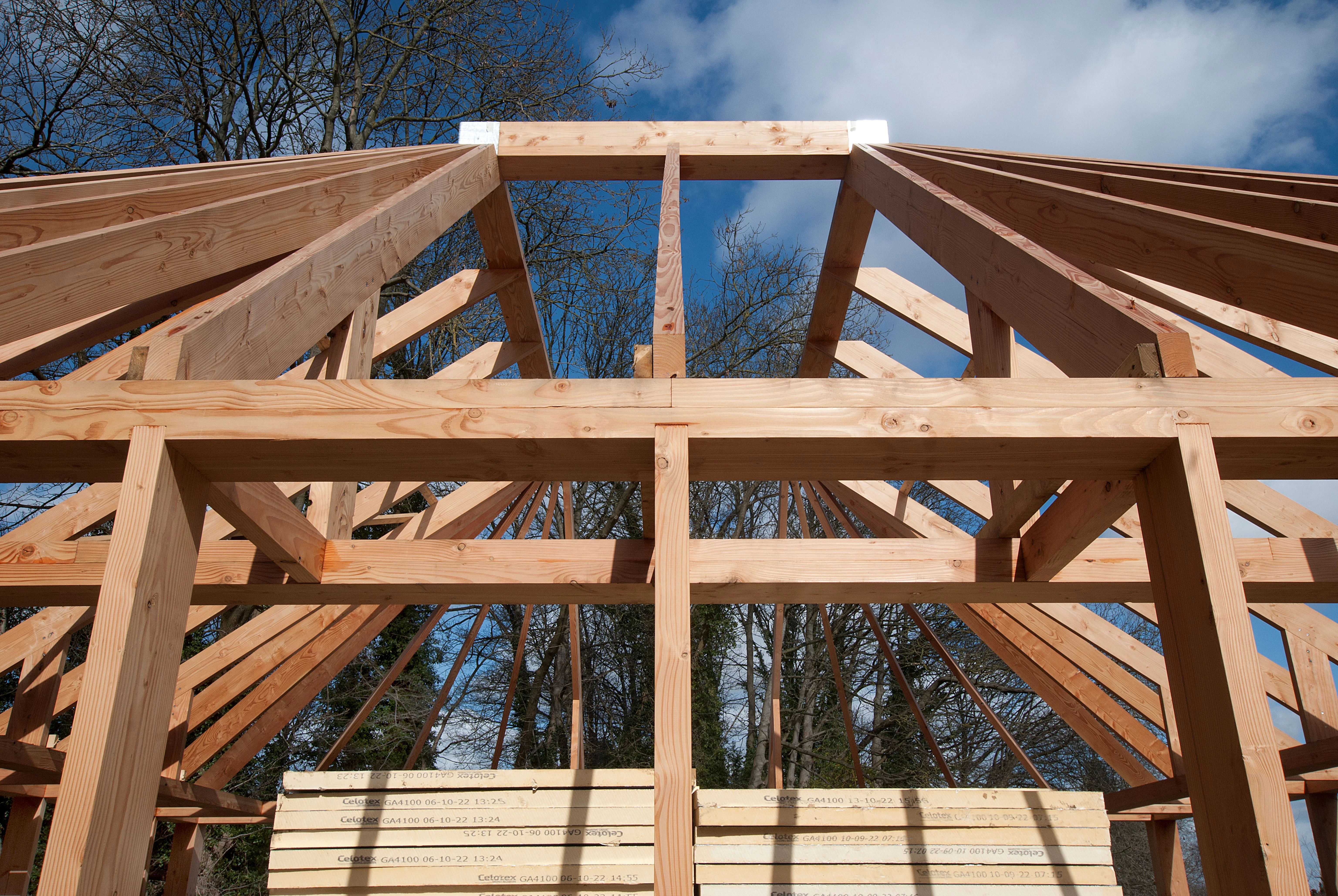 A Douglas fir framed building during installation