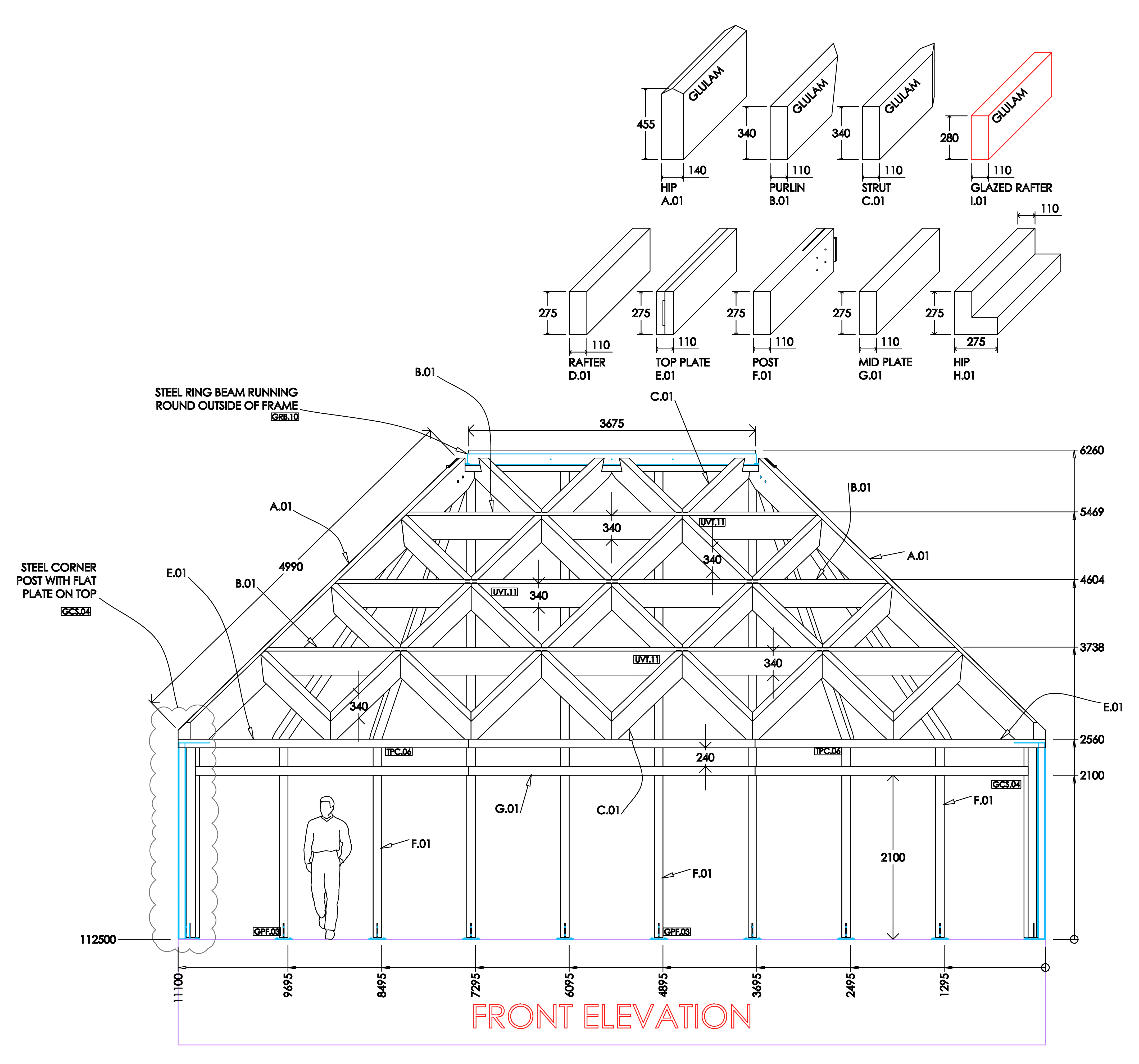 A computer generated design of a pyramidic timber frame building