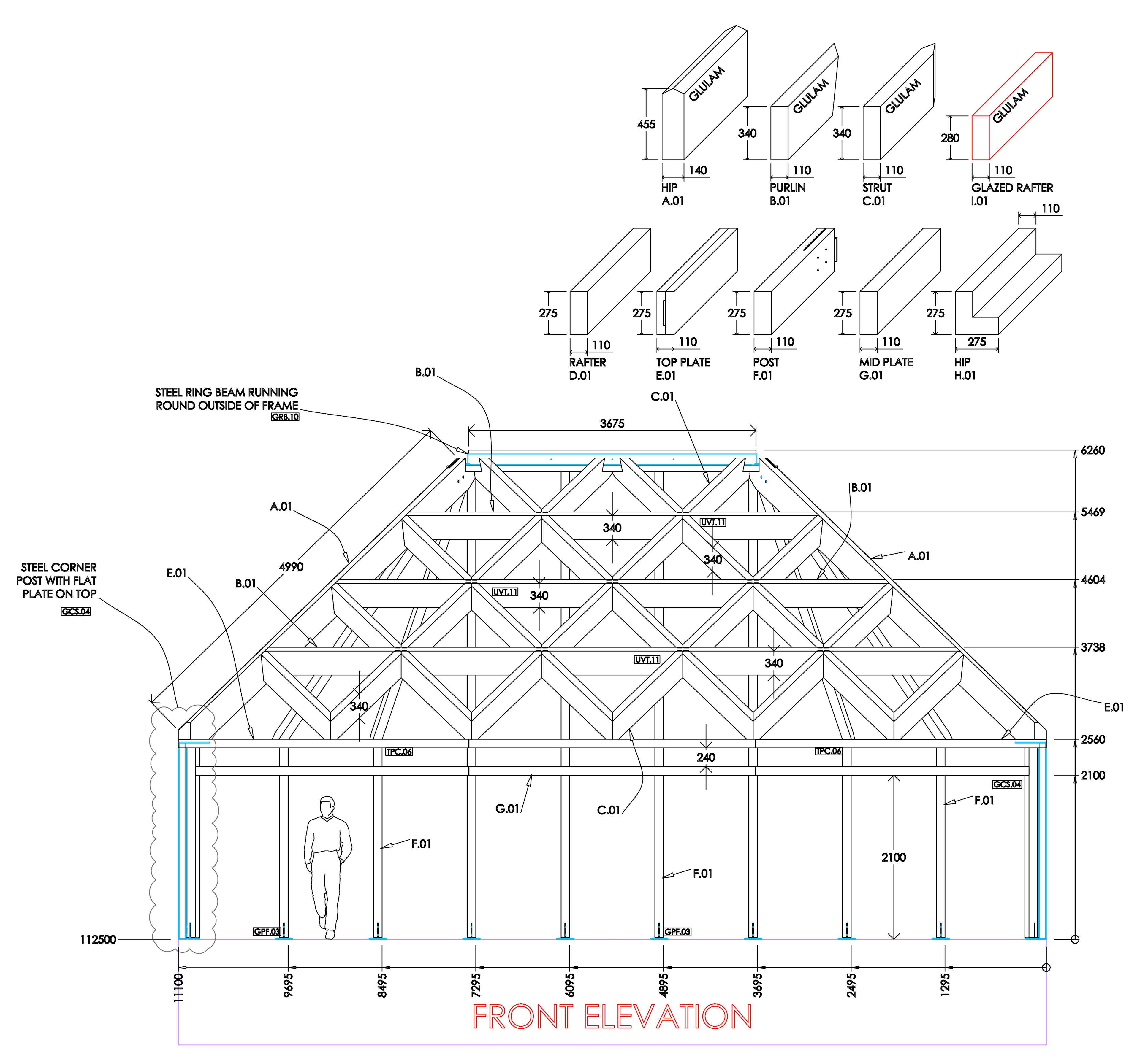 A computer generated design of a pyramidic timber frame building