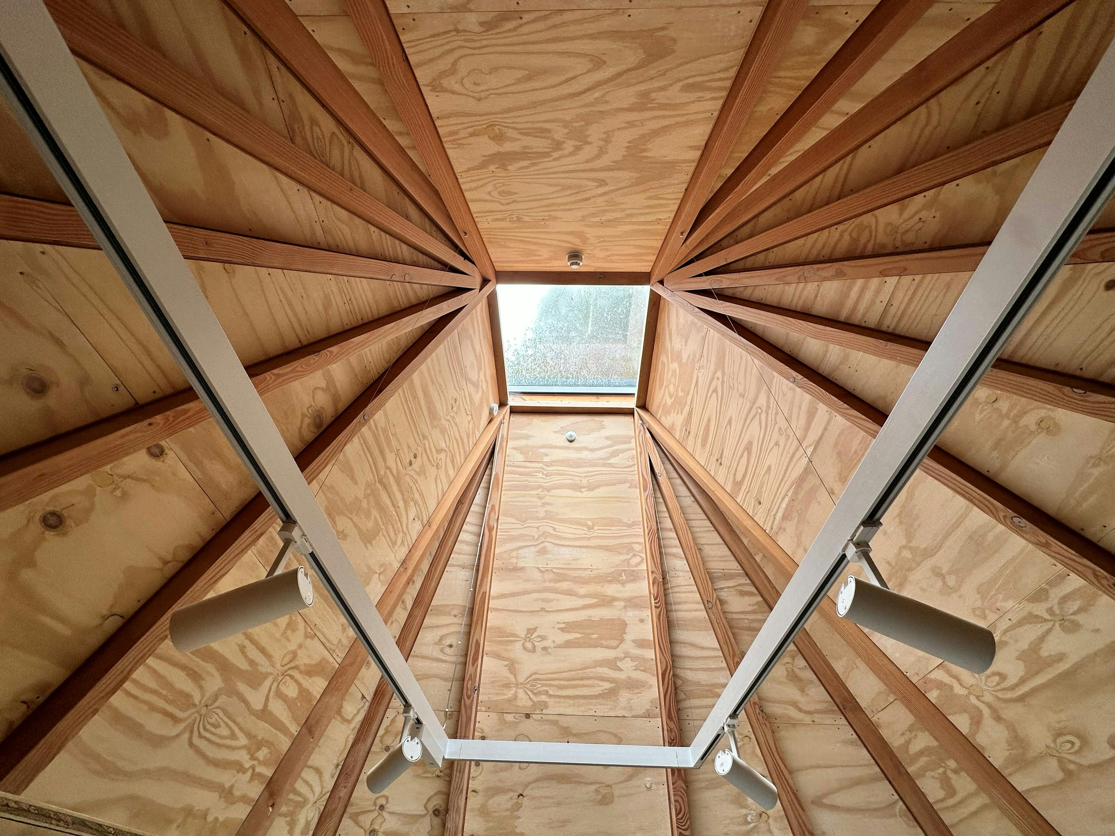 The roof lantern of a Douglas fir framed pyramidic building