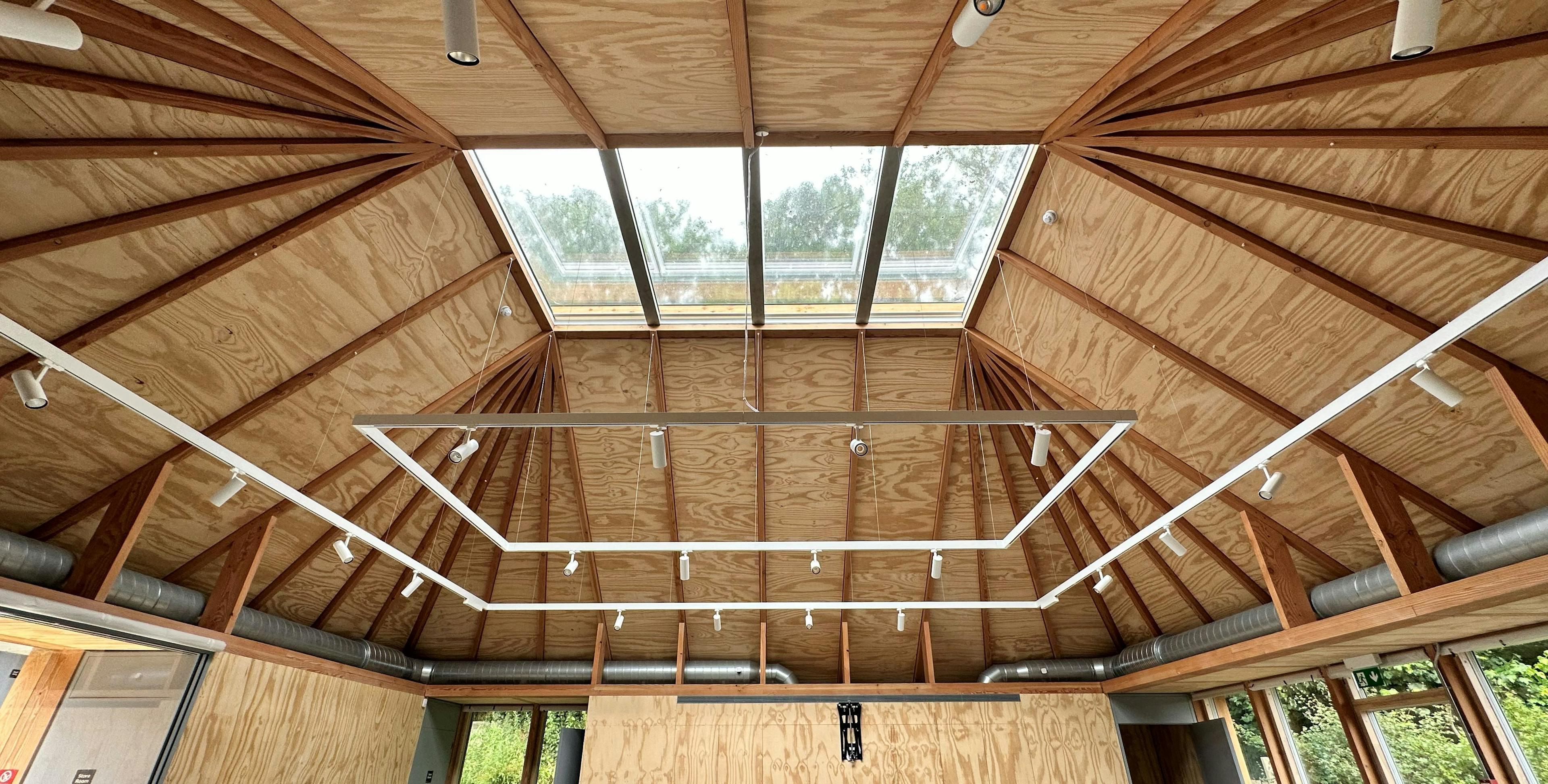 The roof lantern of a Douglas fir framed pyramidic building