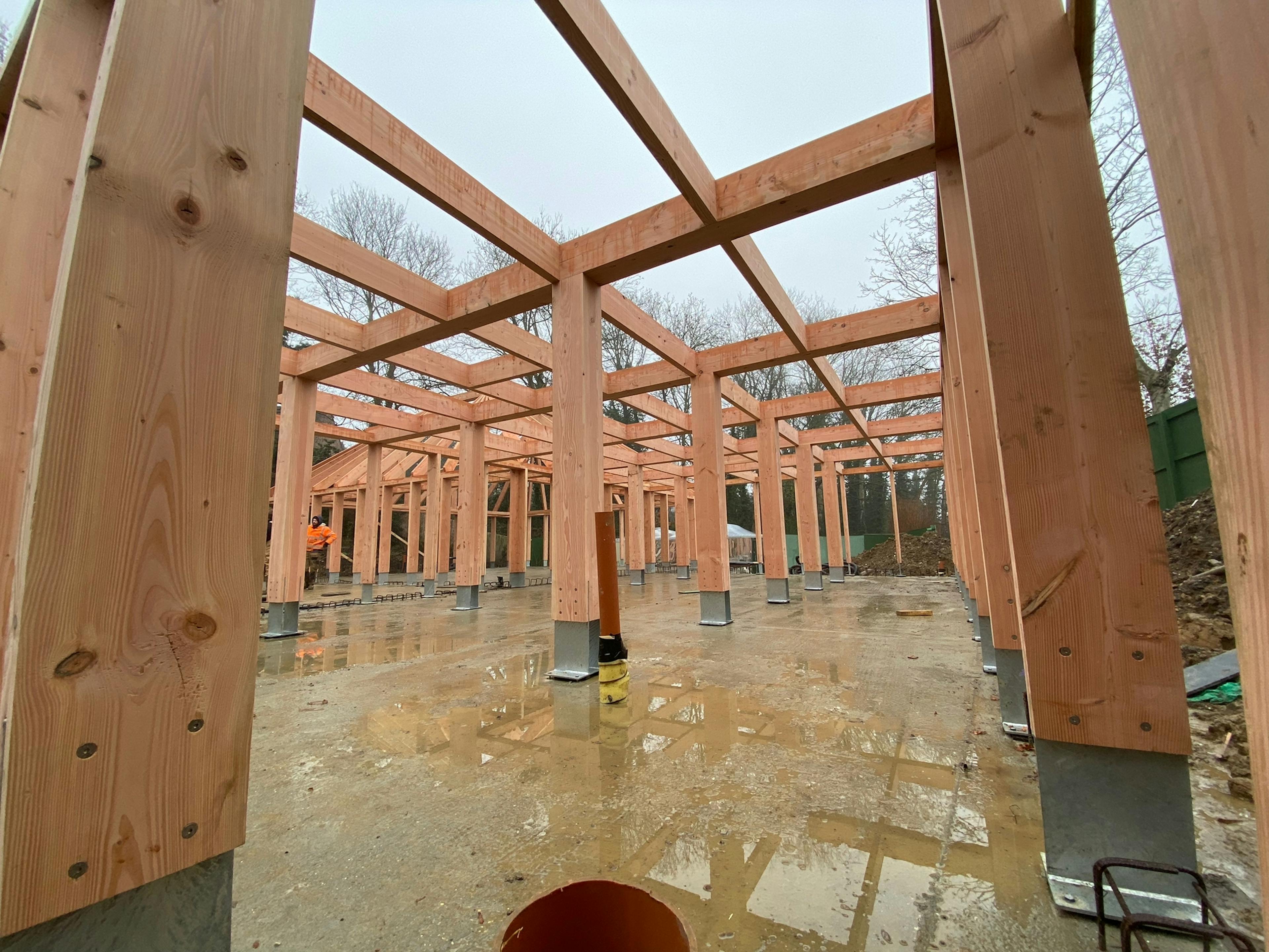 A Douglas fir framed building during installation