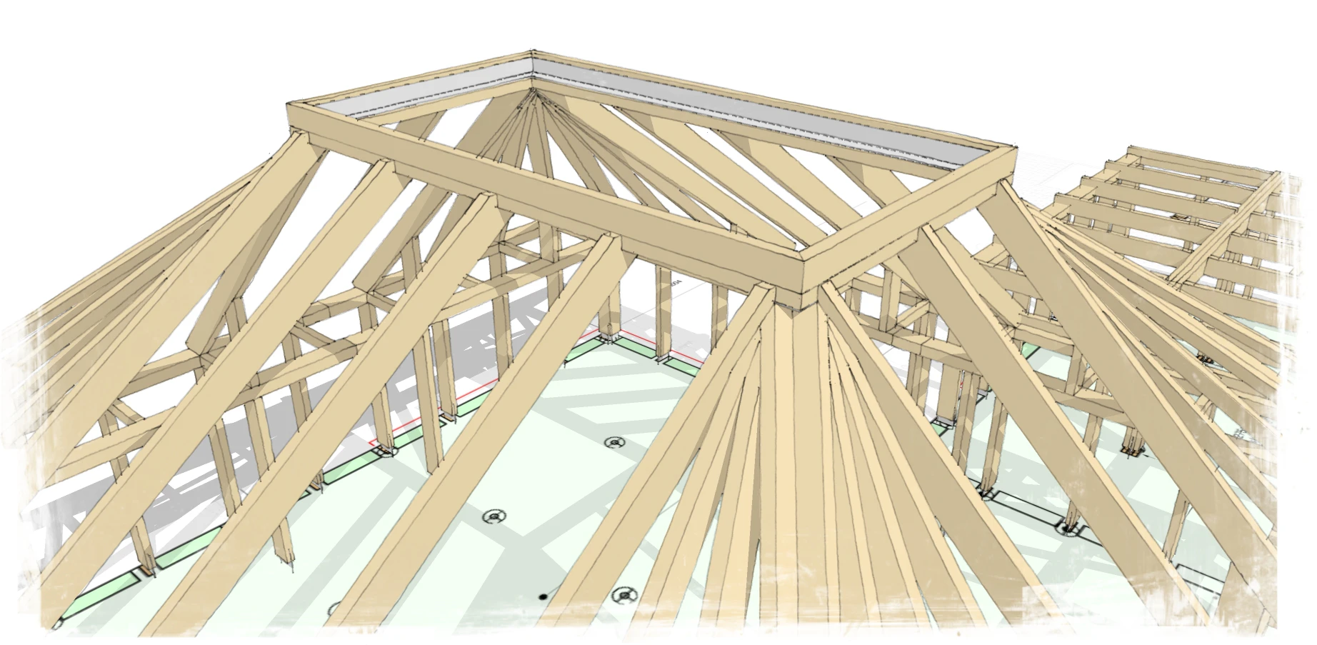 A computer generated design of two pyramidic timber frame building