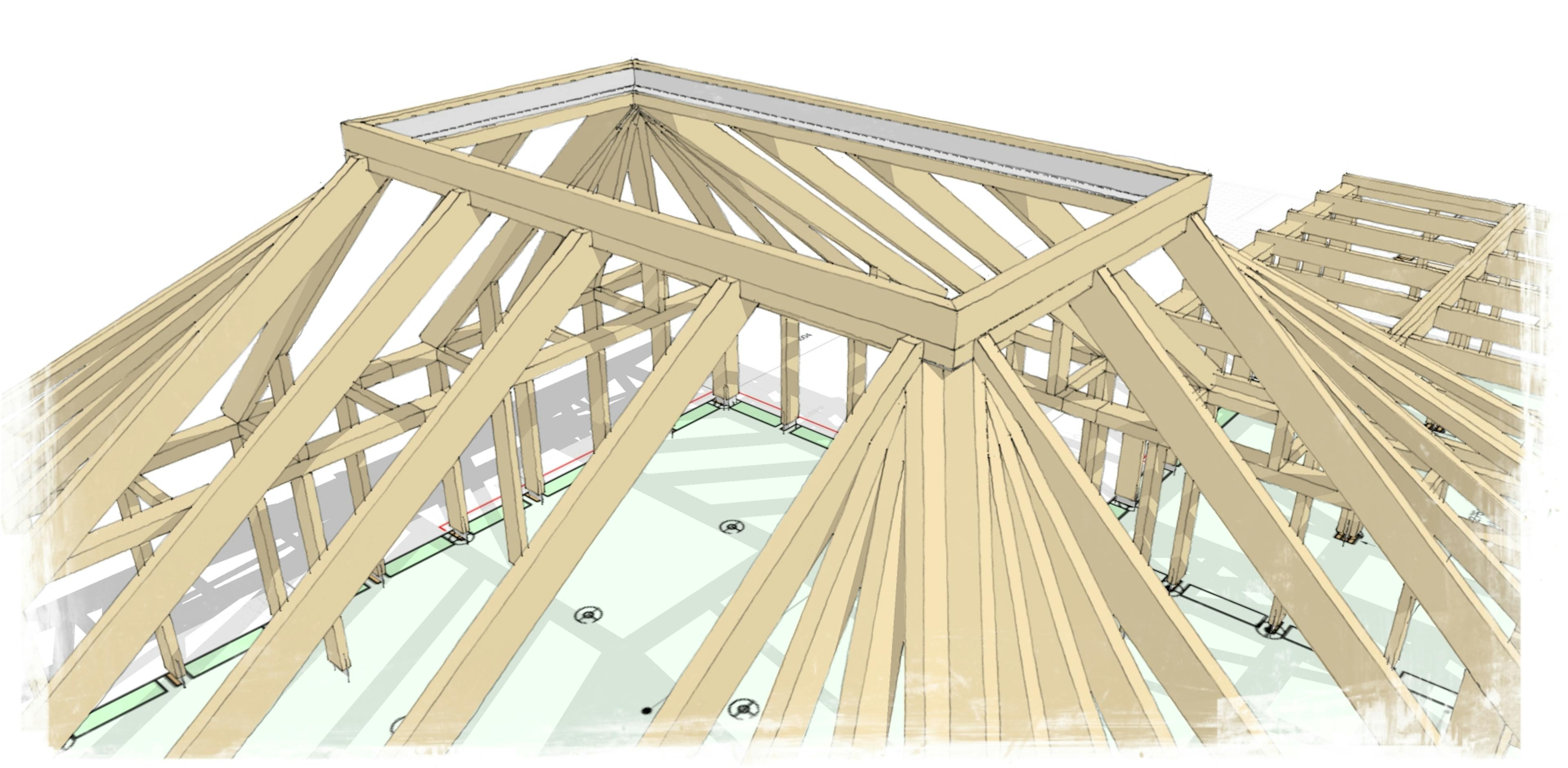 A computer generated design of two pyramidic timber frame building
