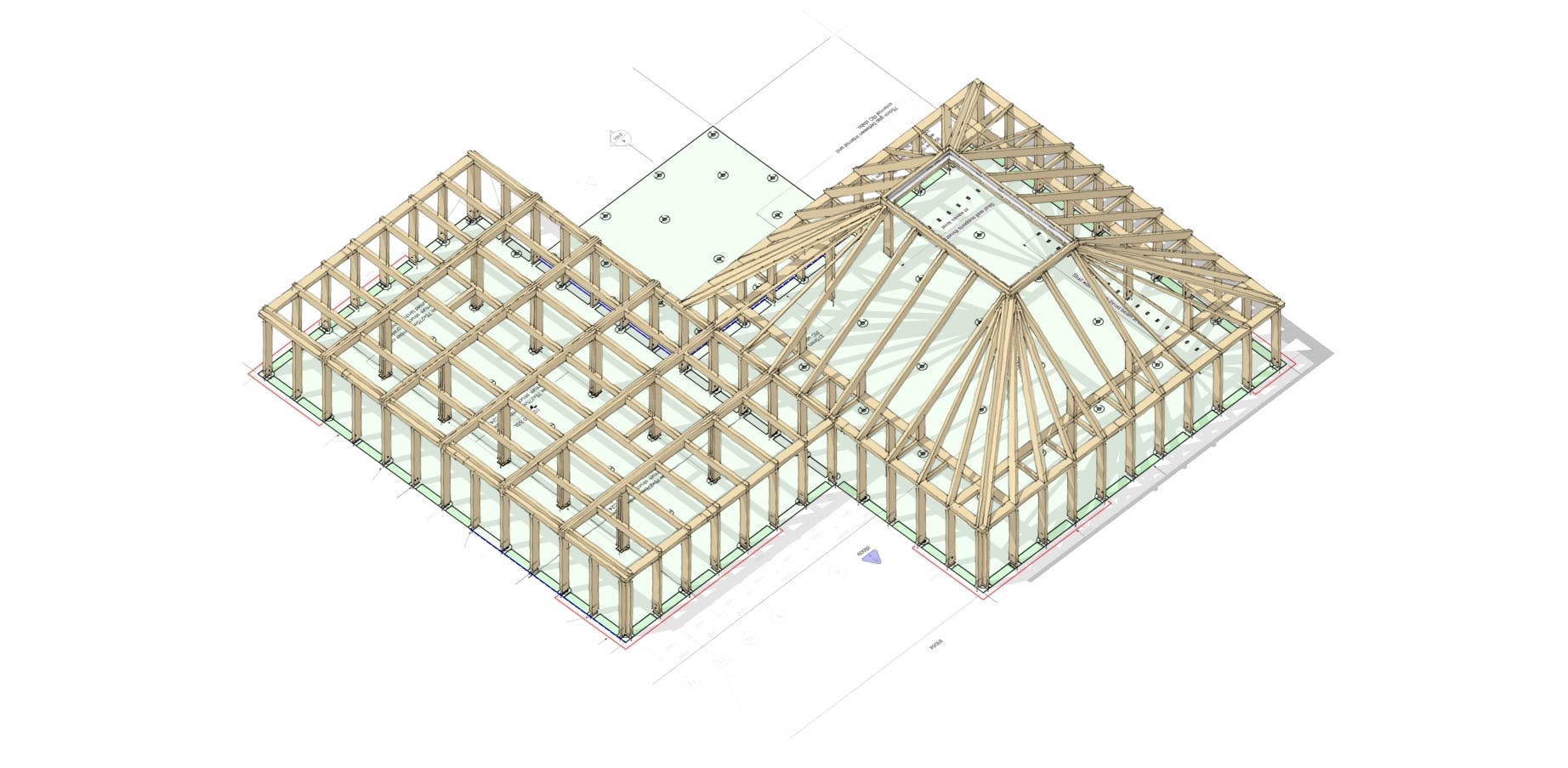 A computer generated design of two pyramidic timber frame building